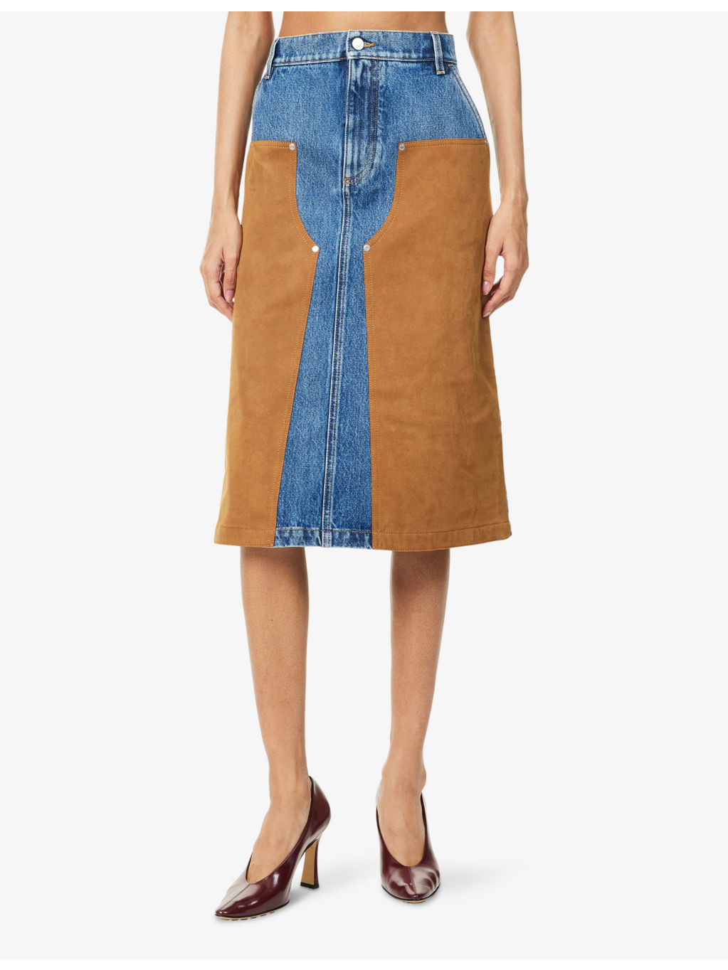Mixed-Suede High-Waist Denim Skirt - 3