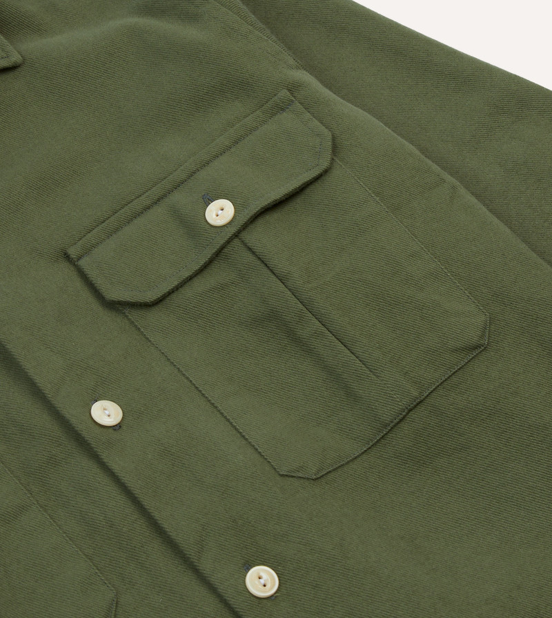 Olive Brushed Cotton Twill Two-Pocket Camp Collar Work Shirt 4