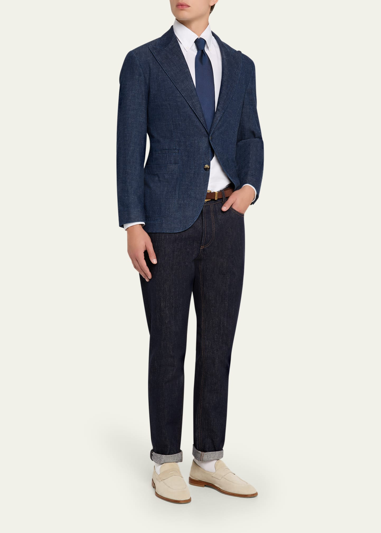 Men's Denim Peak Lapel Single-Breasted Sport Coat - 2