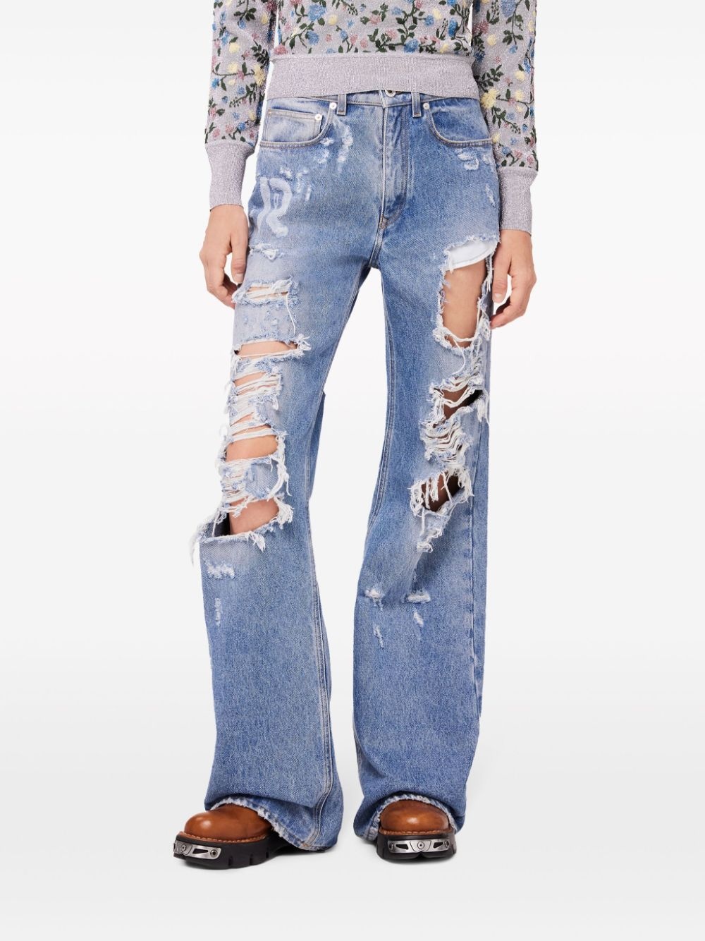 ripped-detailing cotton wide-leg jeans - 4