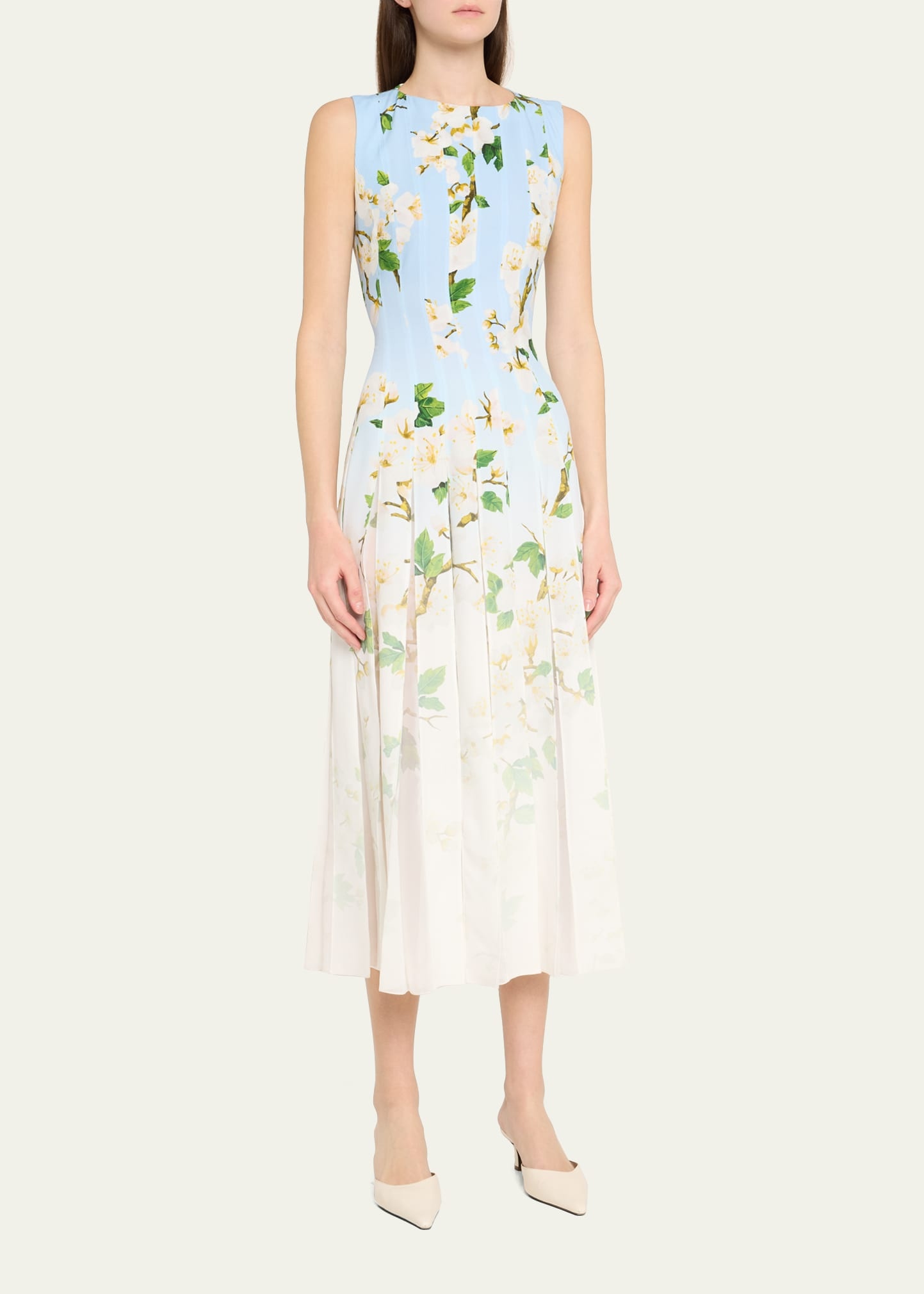 Sleeveless Cherry Blossom Pleated Cady Midi Dress - 4