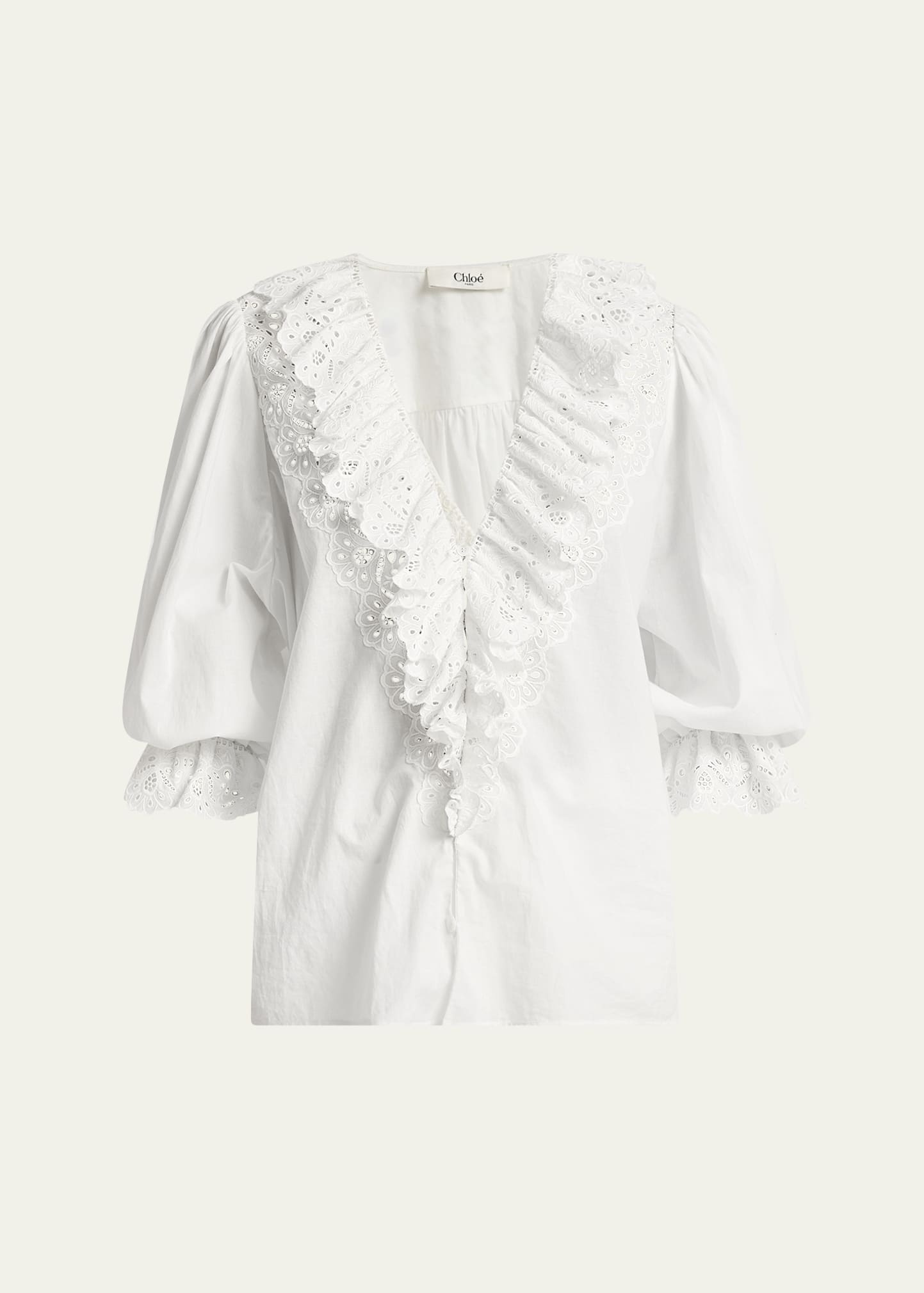 Eyelet-Embroidered Ruffle Cotton Voile Blouse - 1