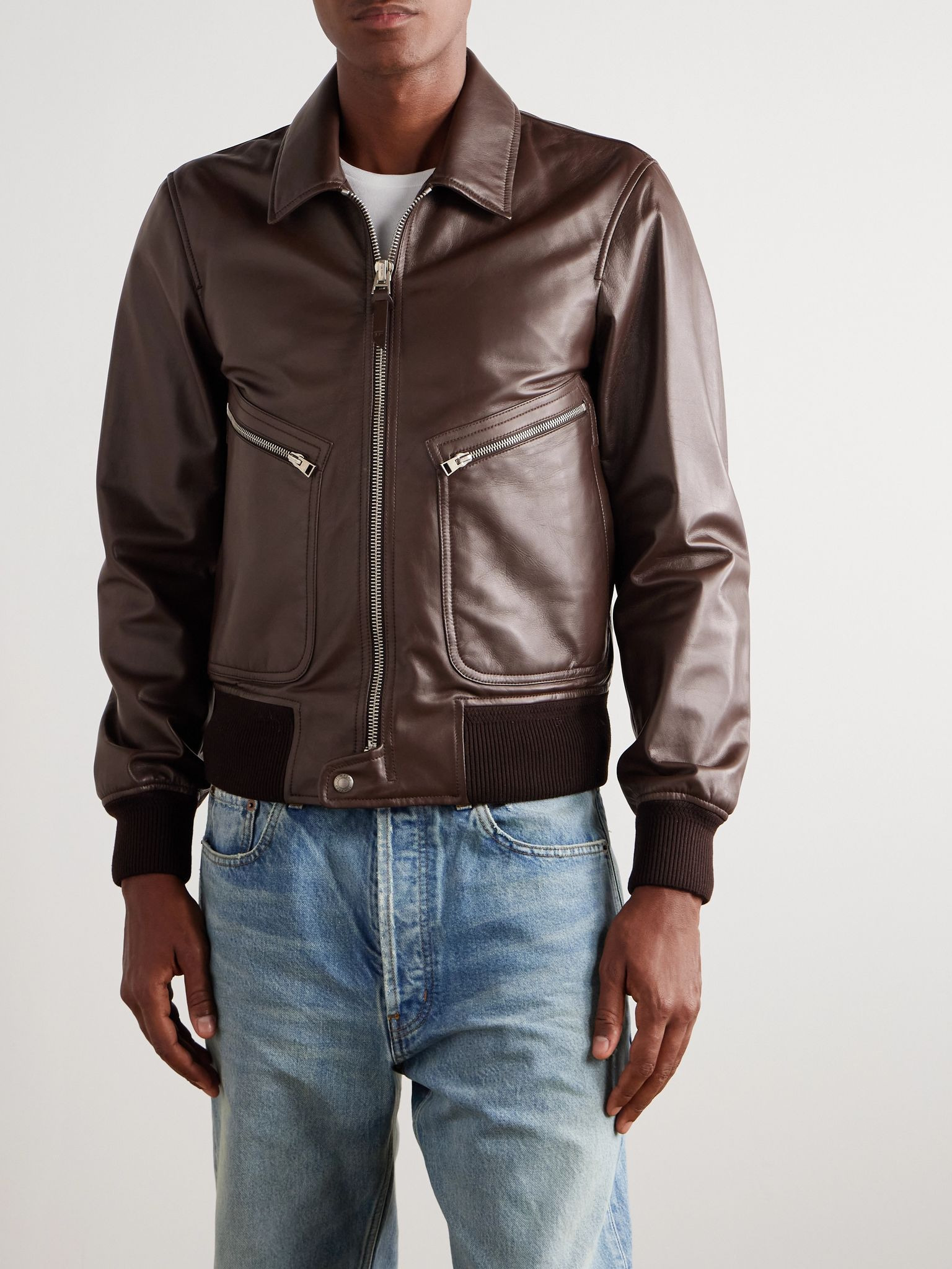 Leather Zip-Up Jacket Brown - 3