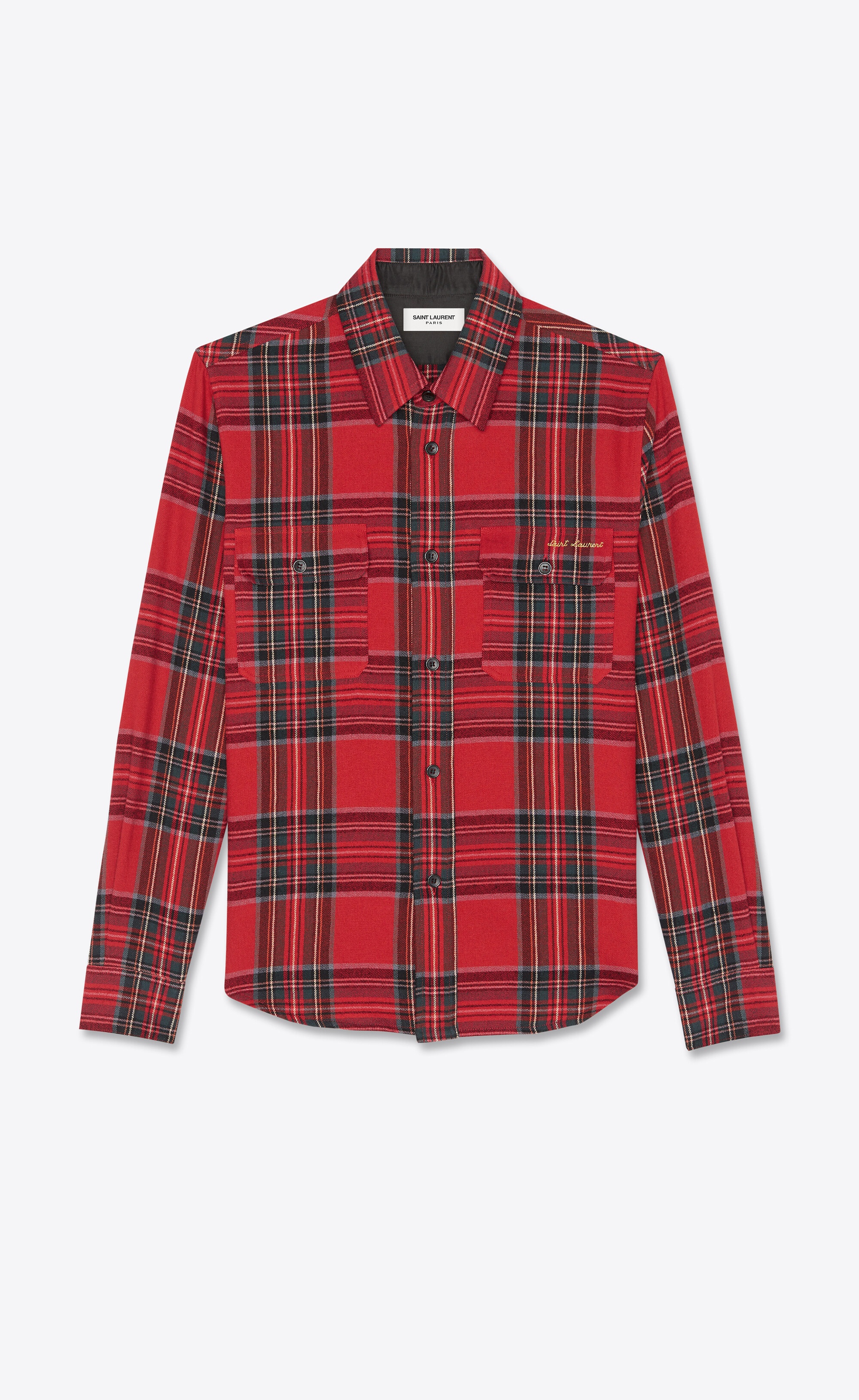 saint laurent-embroidered overshirt in tartan flannel - 1