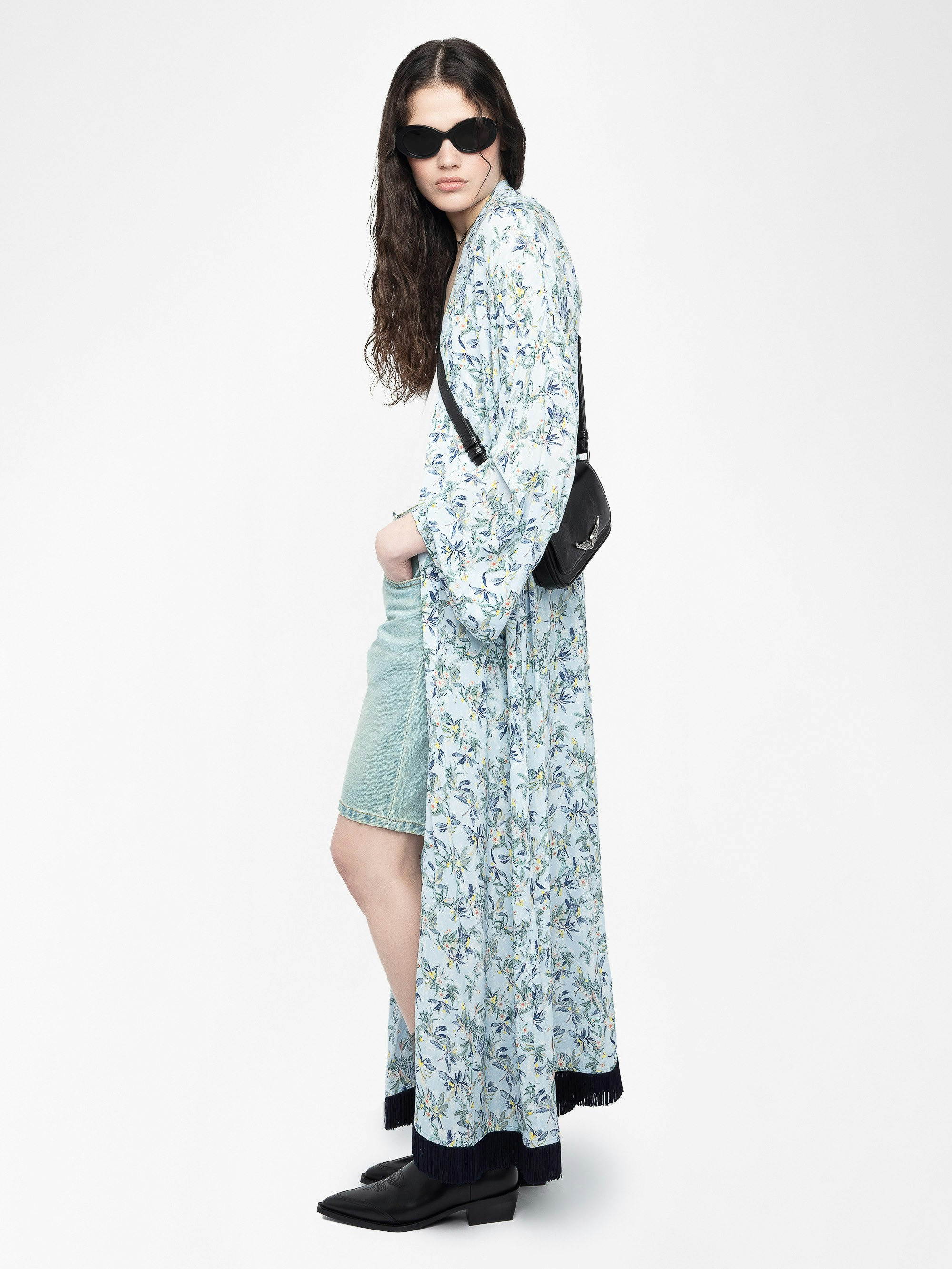 Long Viscose Floral Blue Kimono - 5