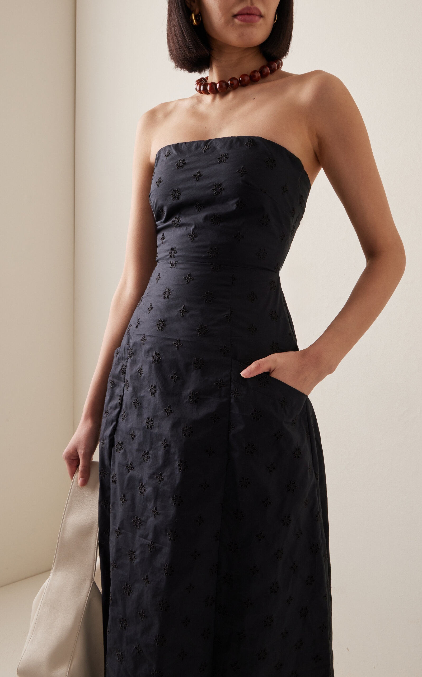Strapless Organic Cotton Broderie Midi Dress black - 3