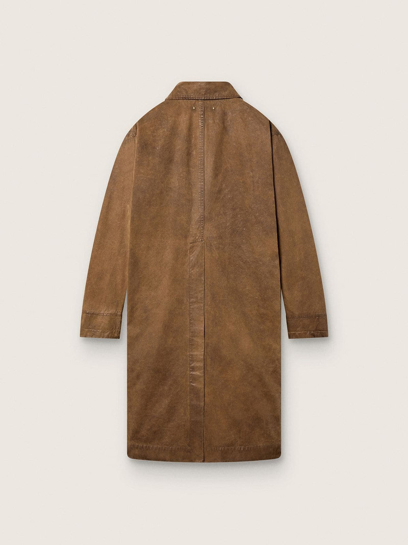 Golden Goose Unisex trench coat in brown waxed twill with leather details outlook