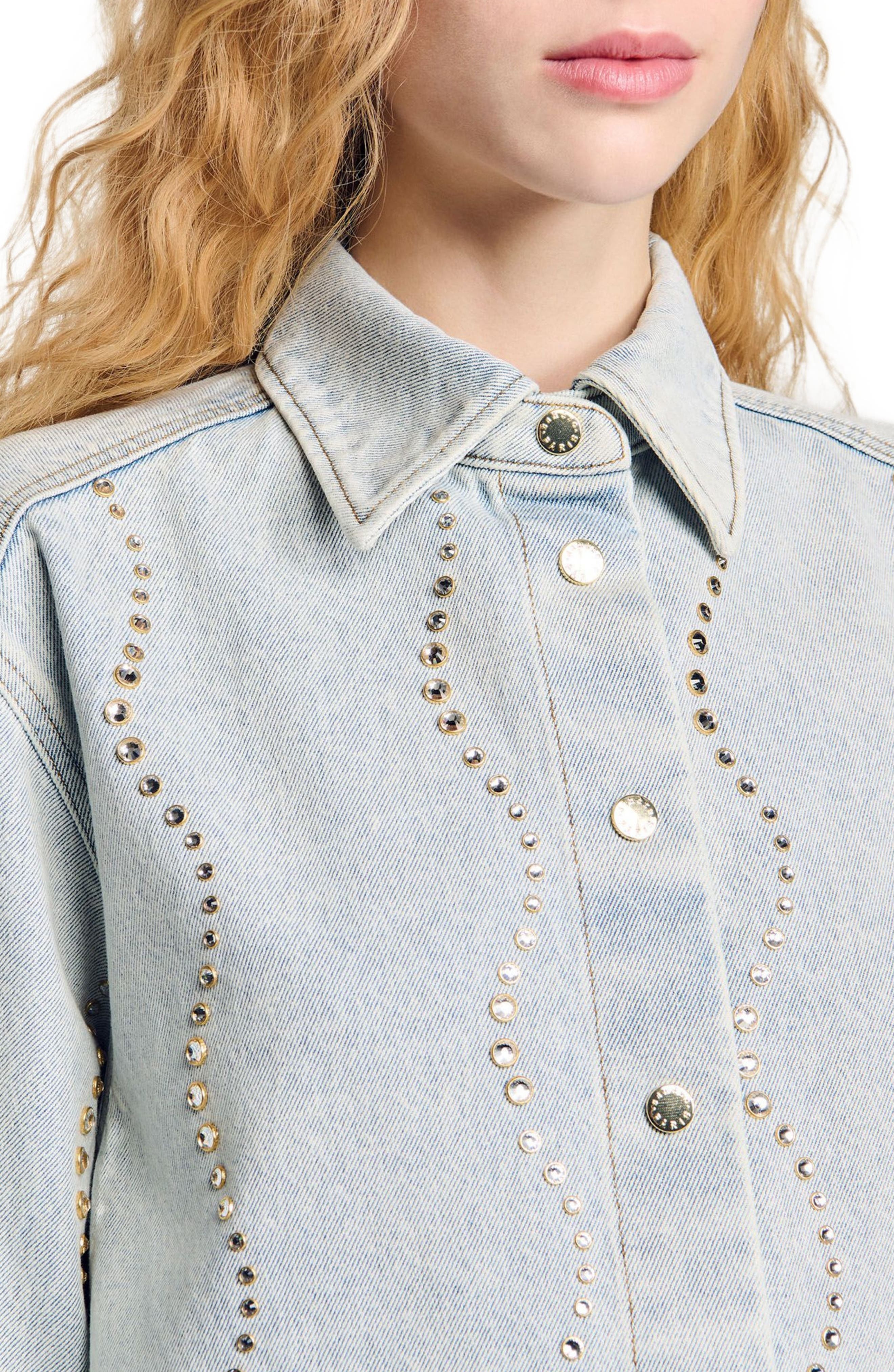 SANDRO Denim shirt with rhinestones in Light Bu Jean at Nordstrom - 3
