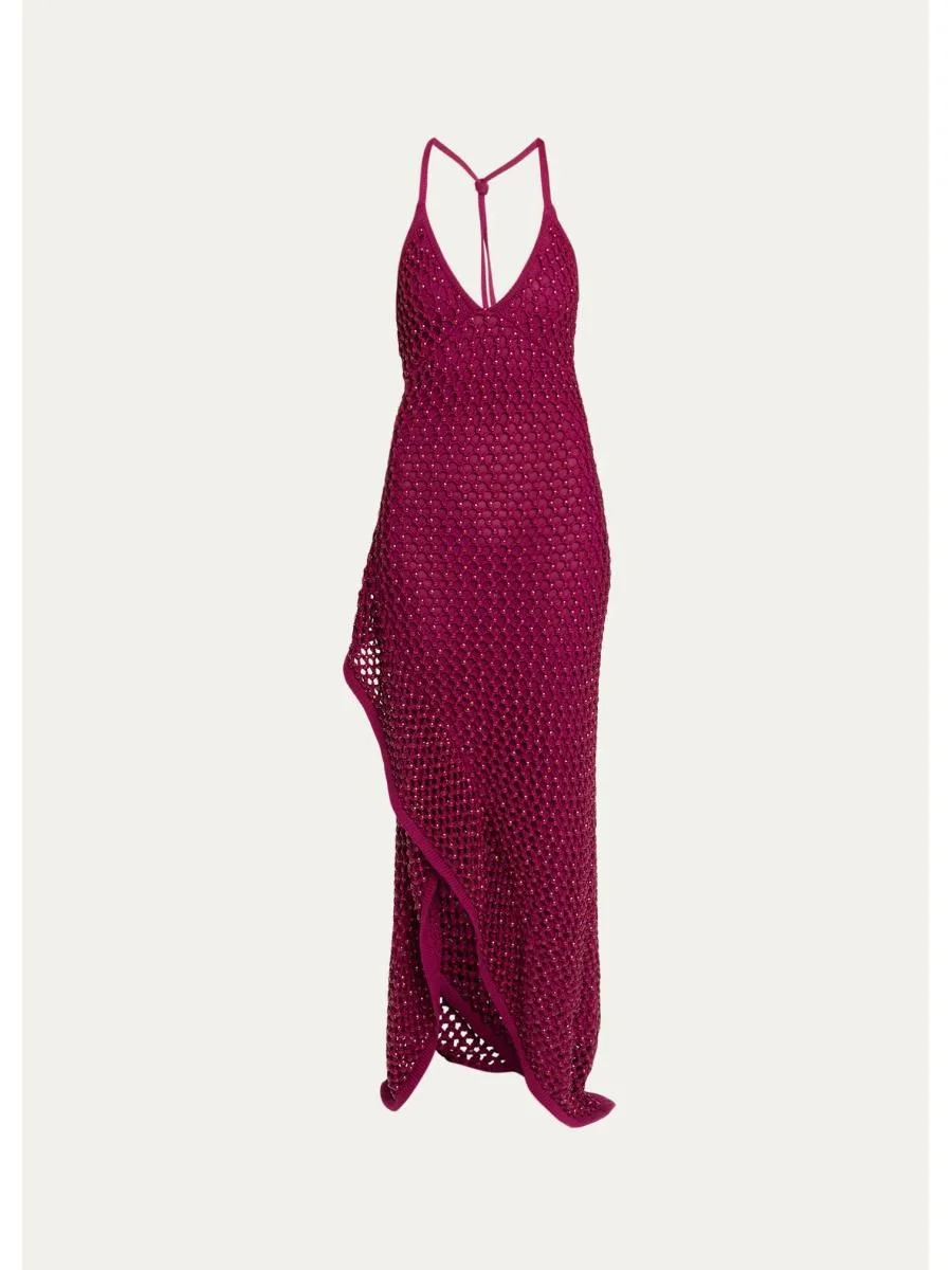Riki Crystal Crochet Knit Halter Maxi Dress - 1