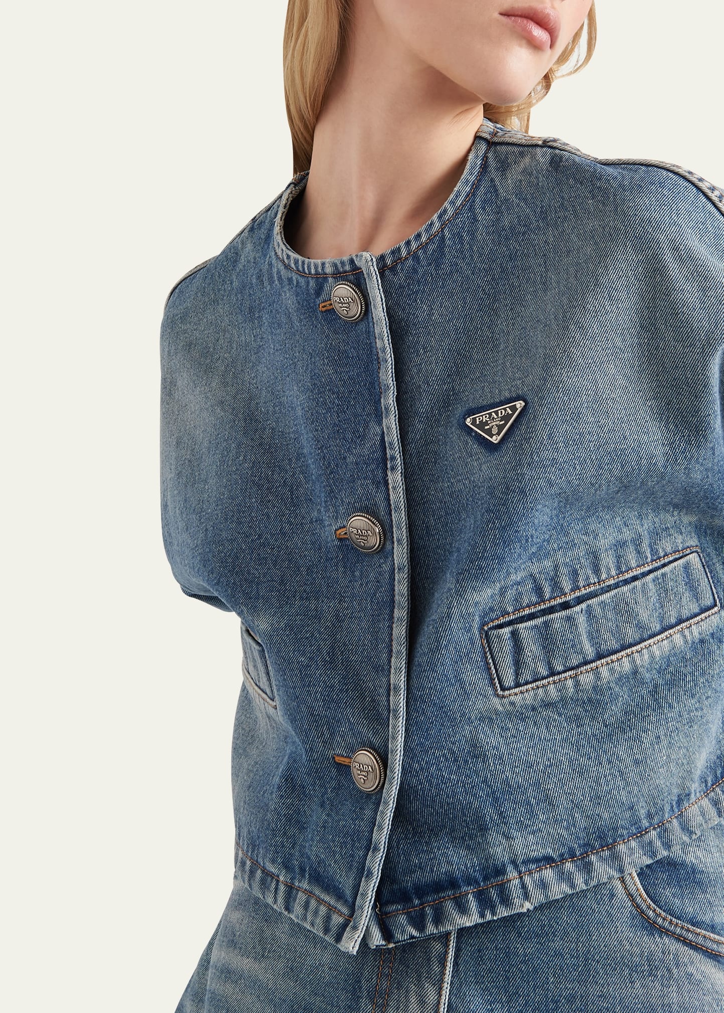Crop Collarless Denim Jacket - 4