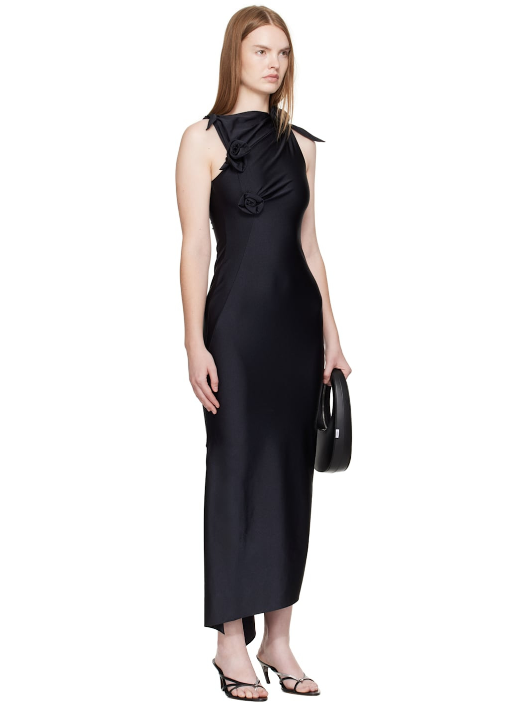 Black Asymmetric Flower Maxi Dress - 2