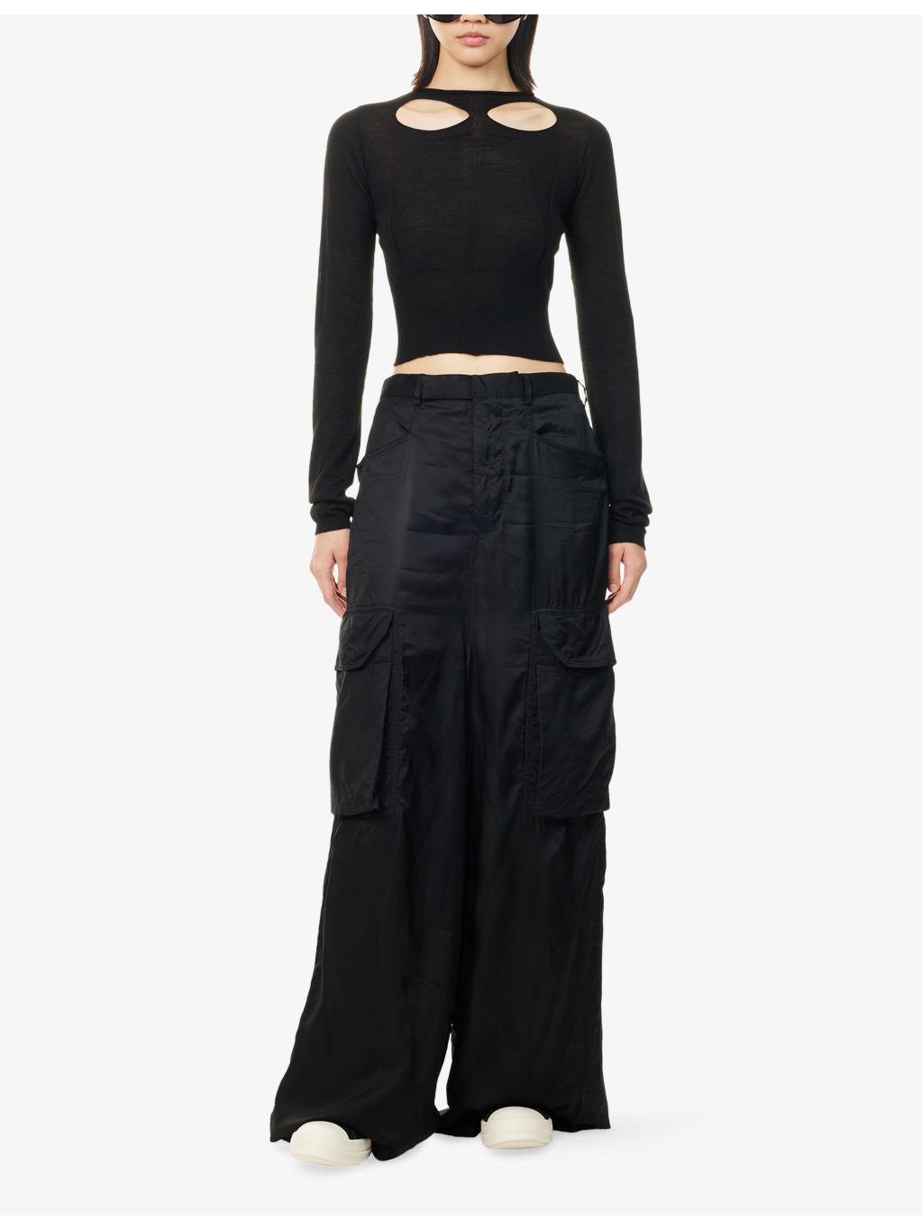 Slashed Long-Sleeve Cropped Wool Knitted Jumper - 2