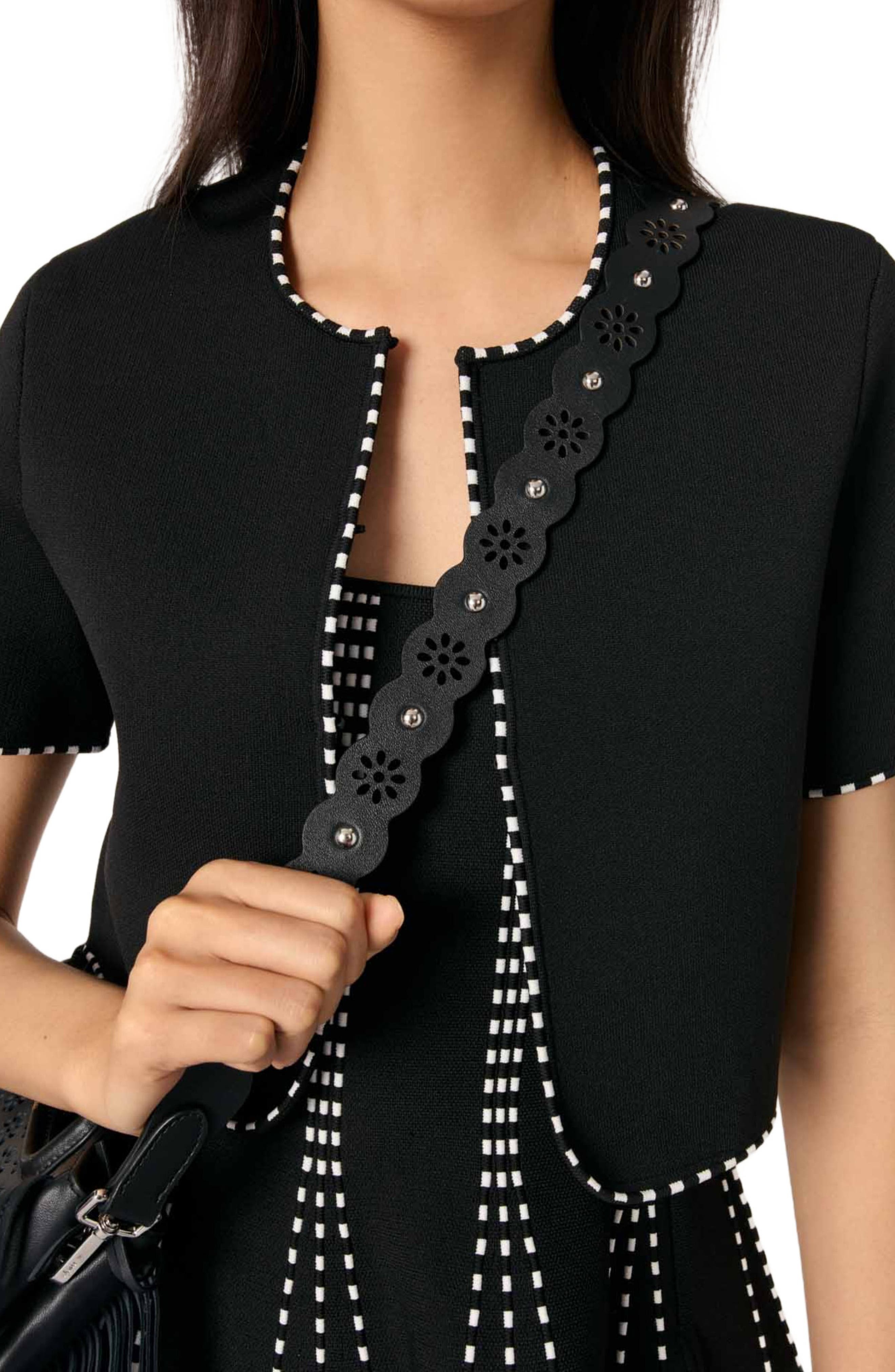 maje Cropped short sleeve cardigan in Black/ecru at Nordstrom - 8