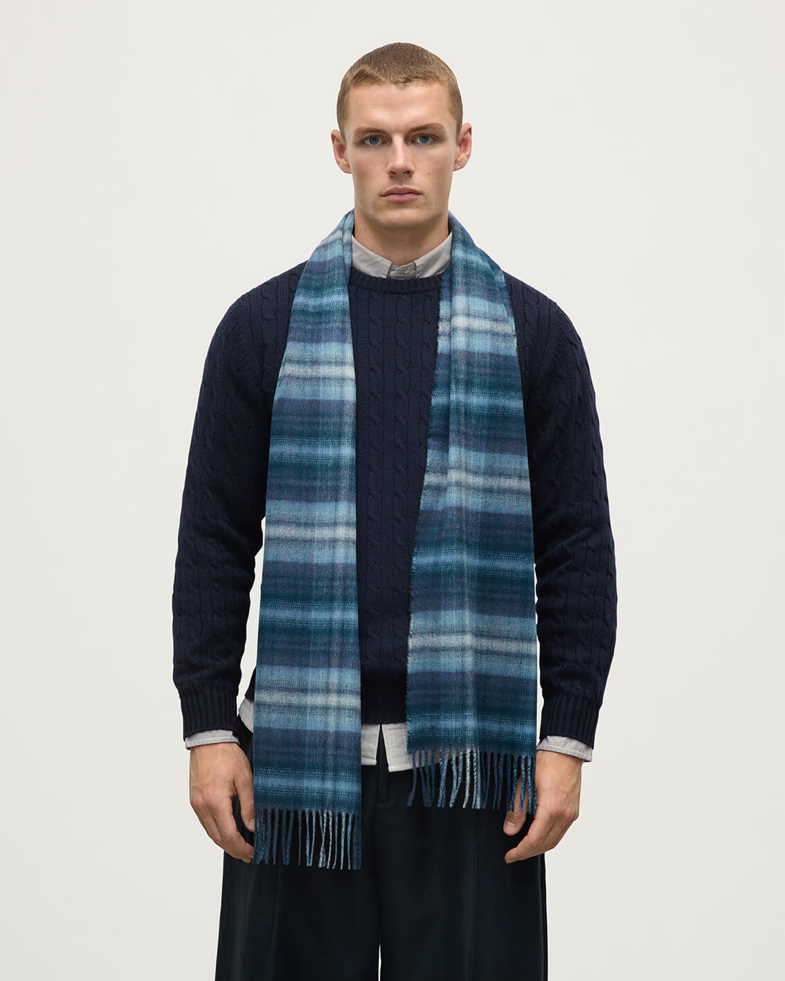 Soft Blur Check Blue Cashmere Scarf - 2
