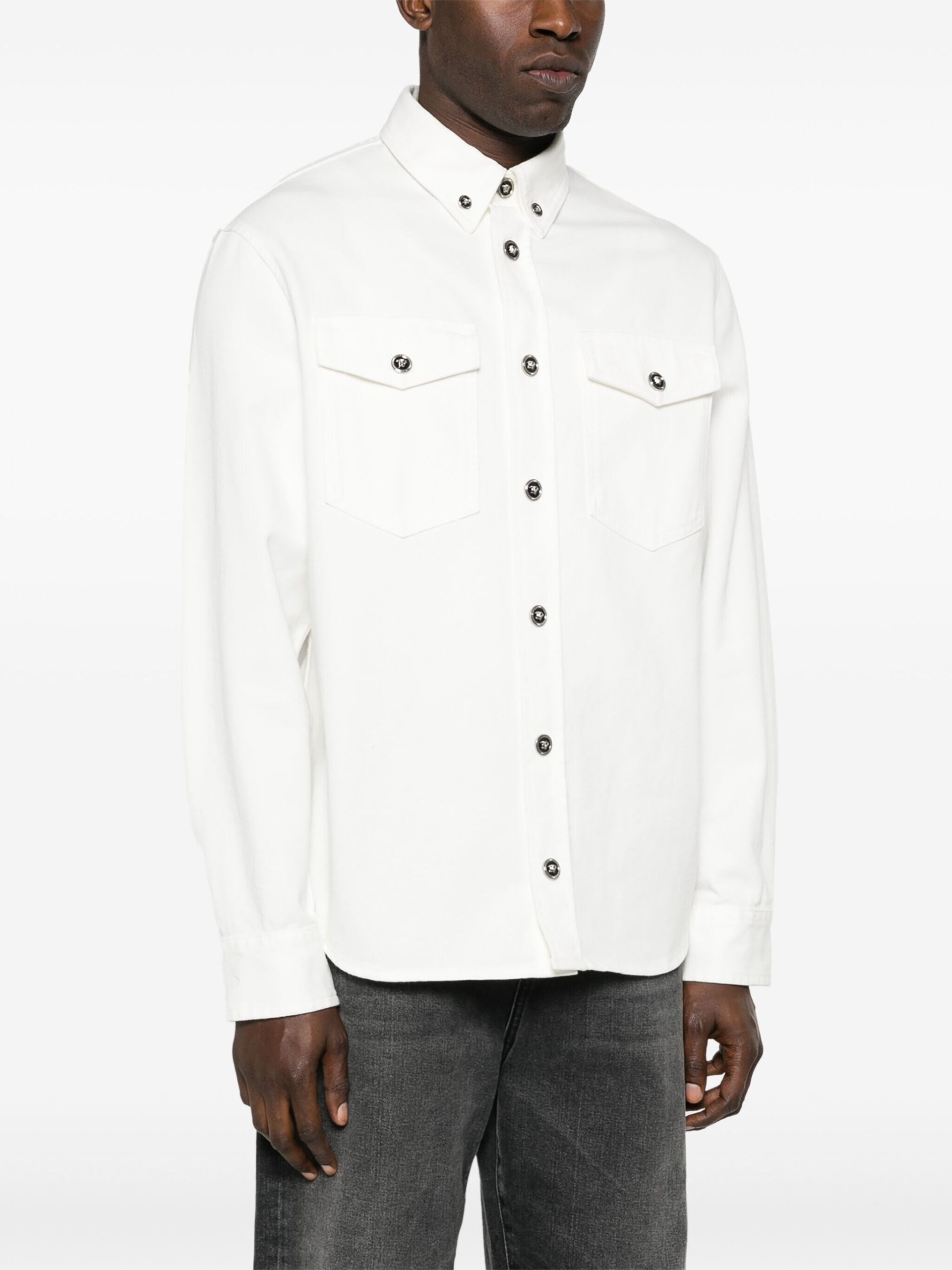White Medusa-Buttons Denim Shirt - 3