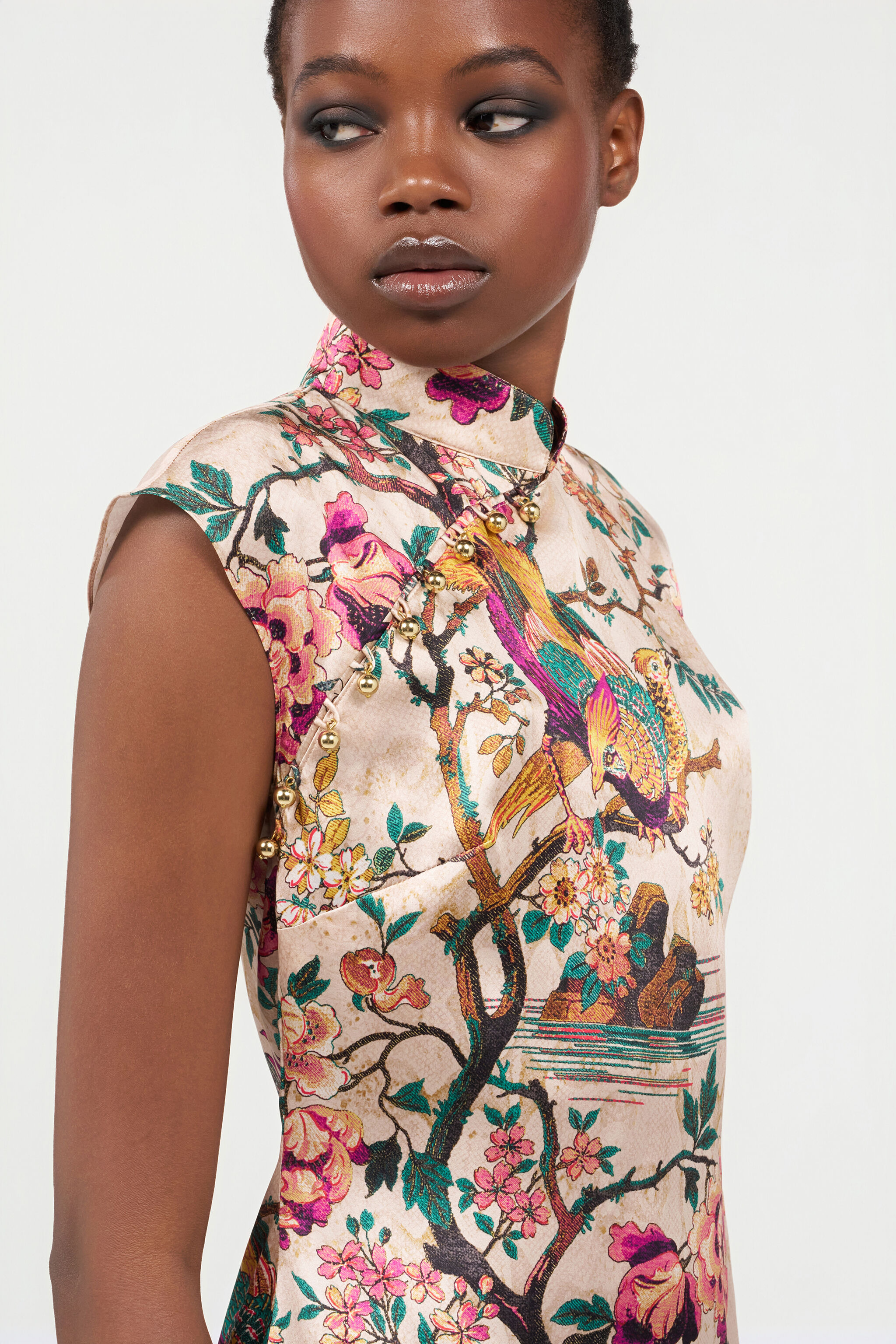 Oriental Bird Print Silk Mini Dress - 6
