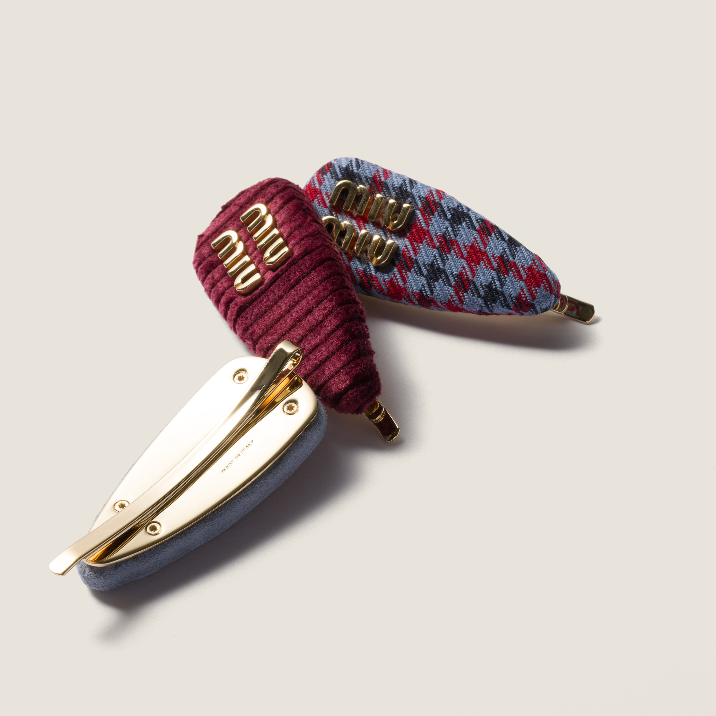 Checked fabric, corduroy and suede hair barrettes - 2