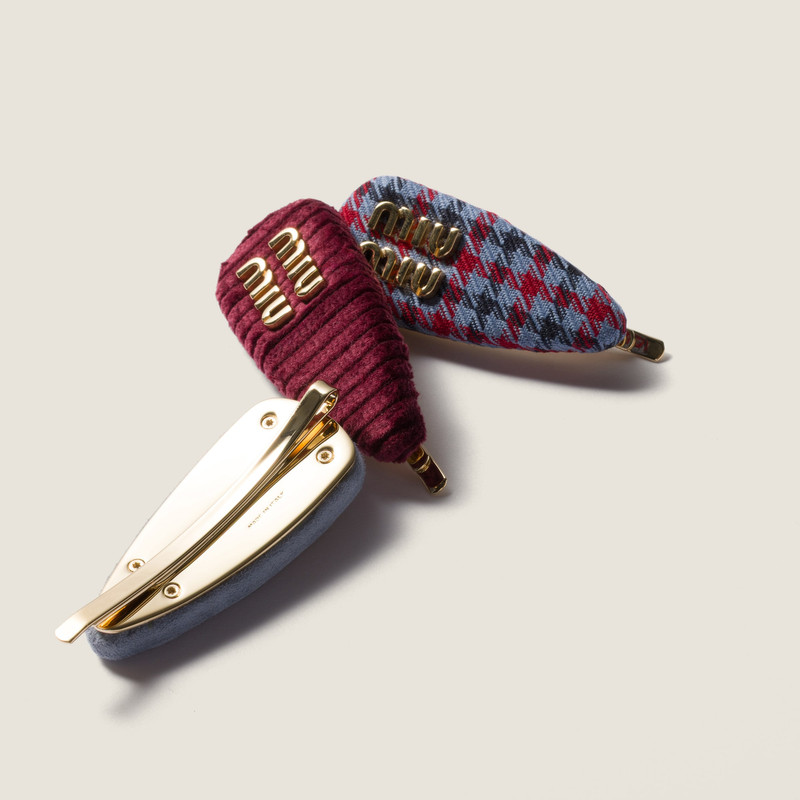 Miu Miu Checked fabric, corduroy and suede hair barrettes outlook