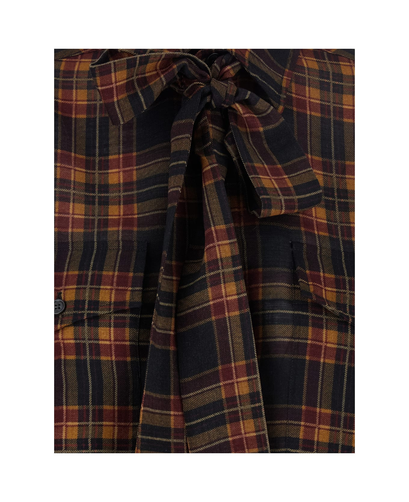 Brown Shirt With Pussybow Collar And All-over Check Motif In Wool Woman - 3