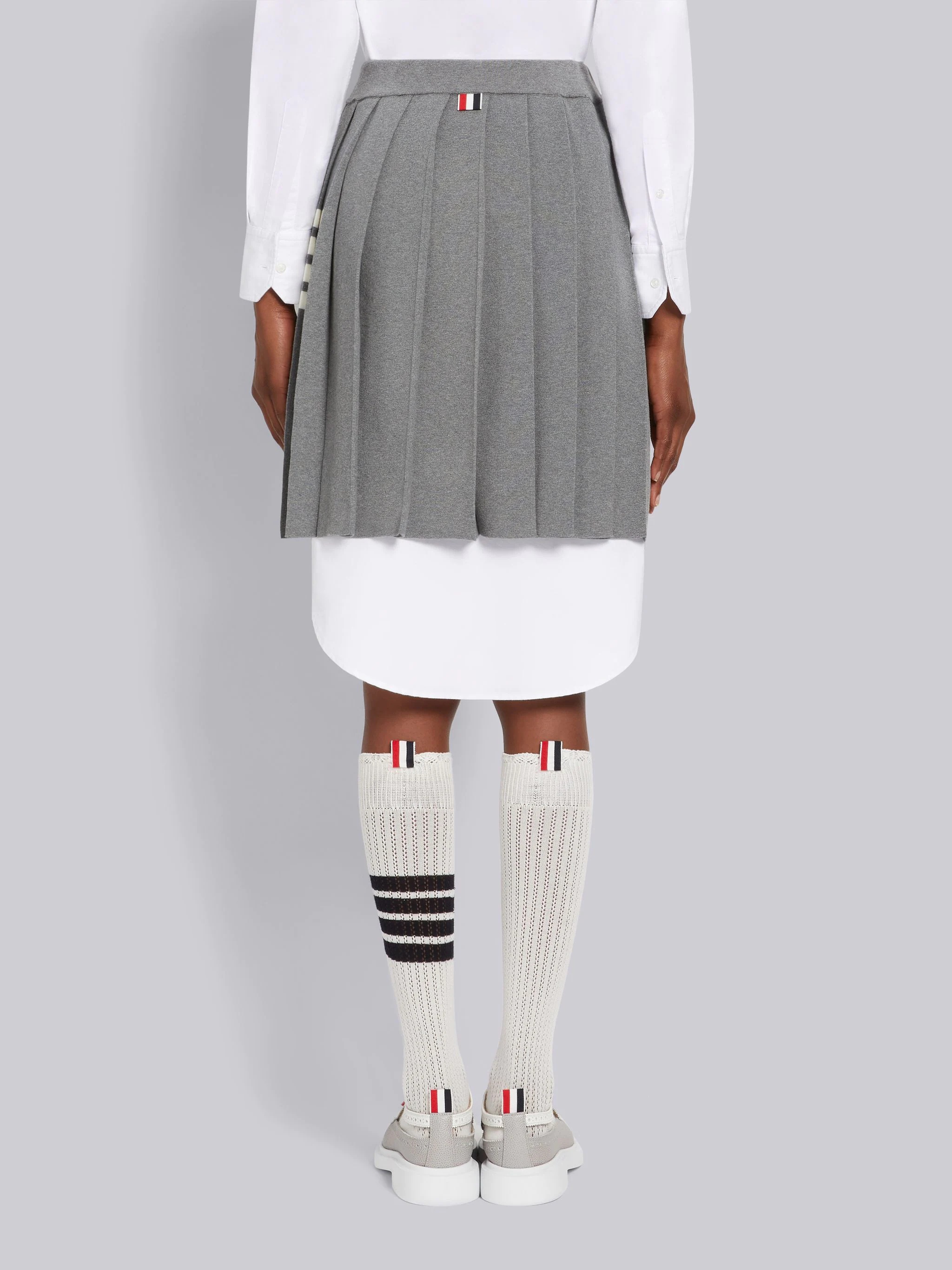 Light Grey Pique Stitch Cotton 4-Bar Dropped Back Pleated Mini Skirt - 3