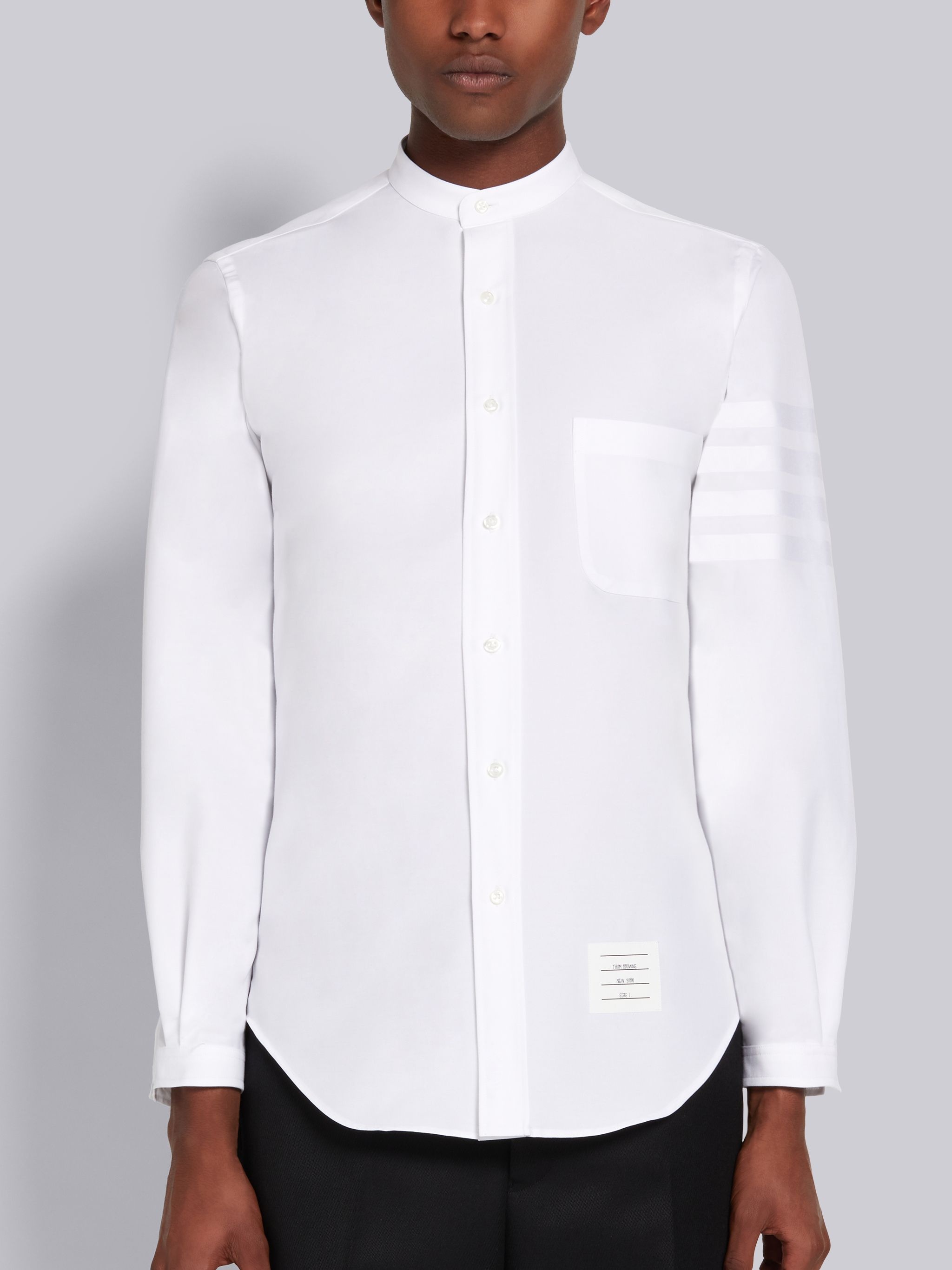 White Satin Weave Oxford Engineered 4-Bar Stripe Band Collar Classic Button Down Shirt - 3