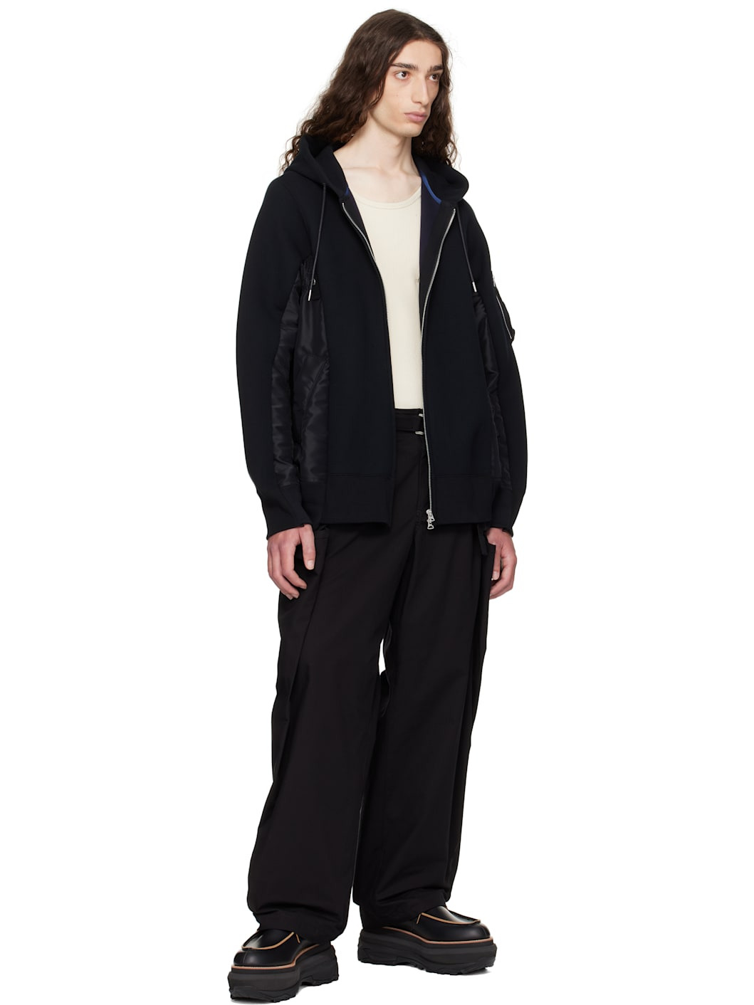 Black Sponge Sweat & Nylon Twill Hoodie - 4