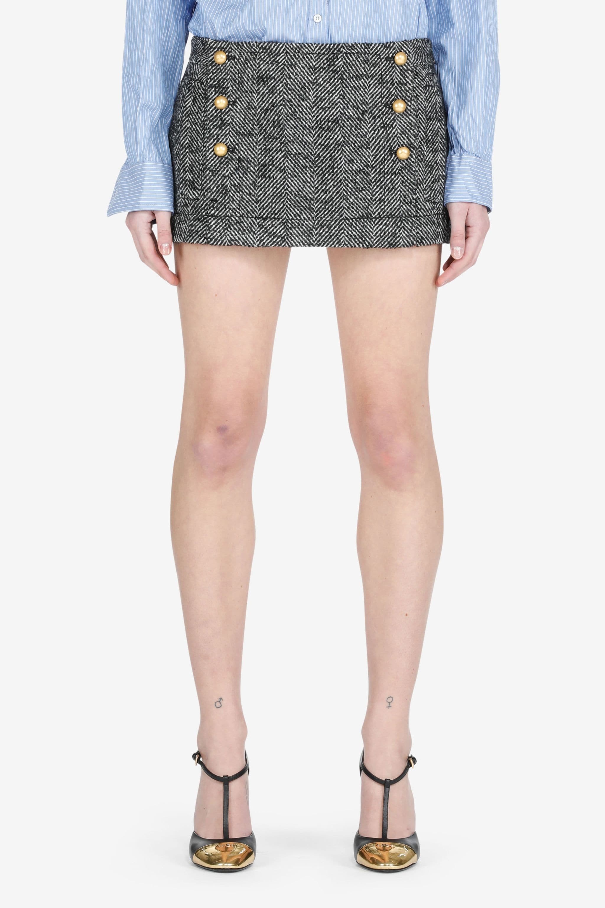 HERRINGBONE BUTTON-EMBELLISHED MINI SKIRT - 1