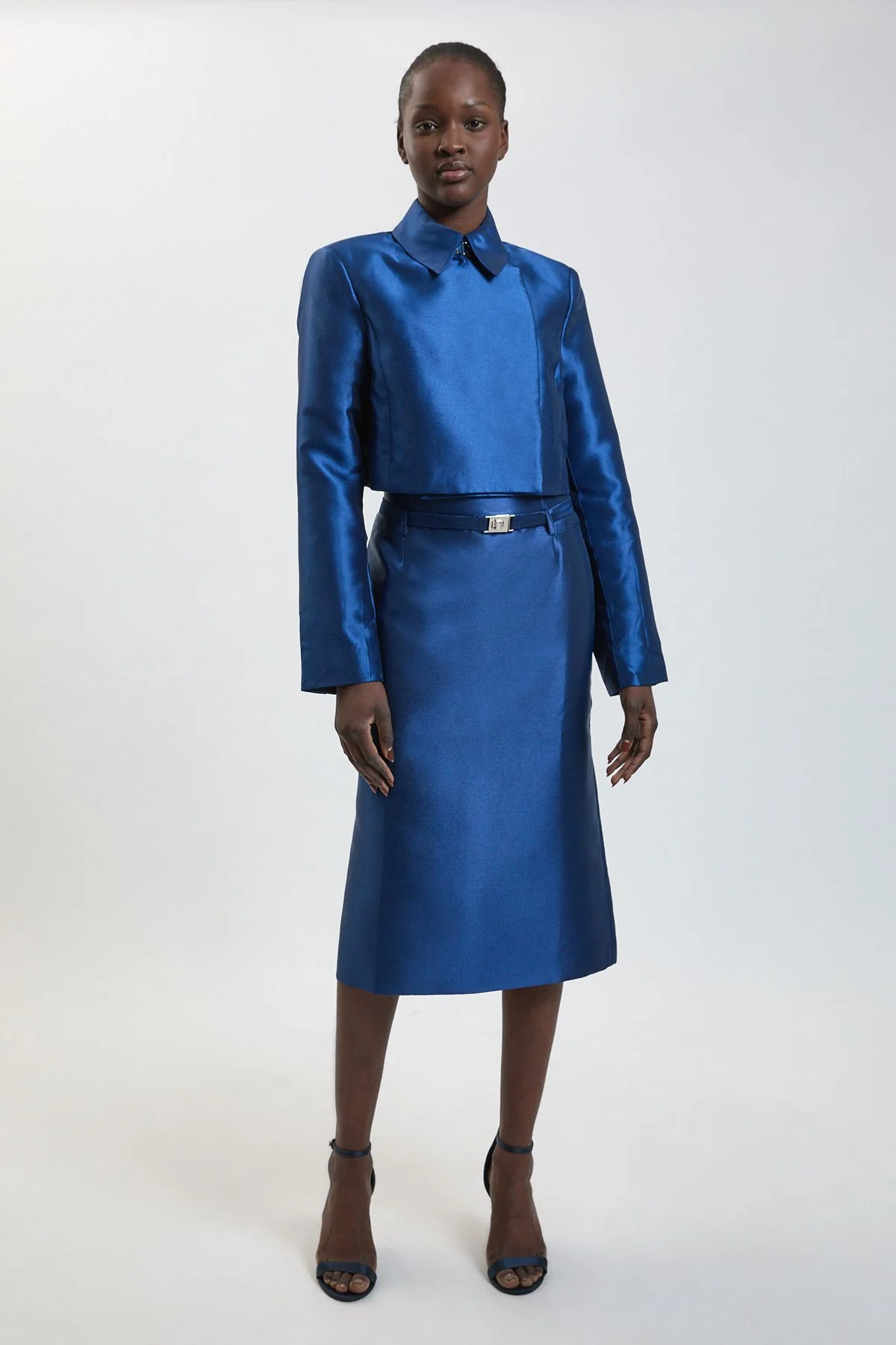 Petite Forever Satin Twill Belted Tailored Midi Skirt - 1