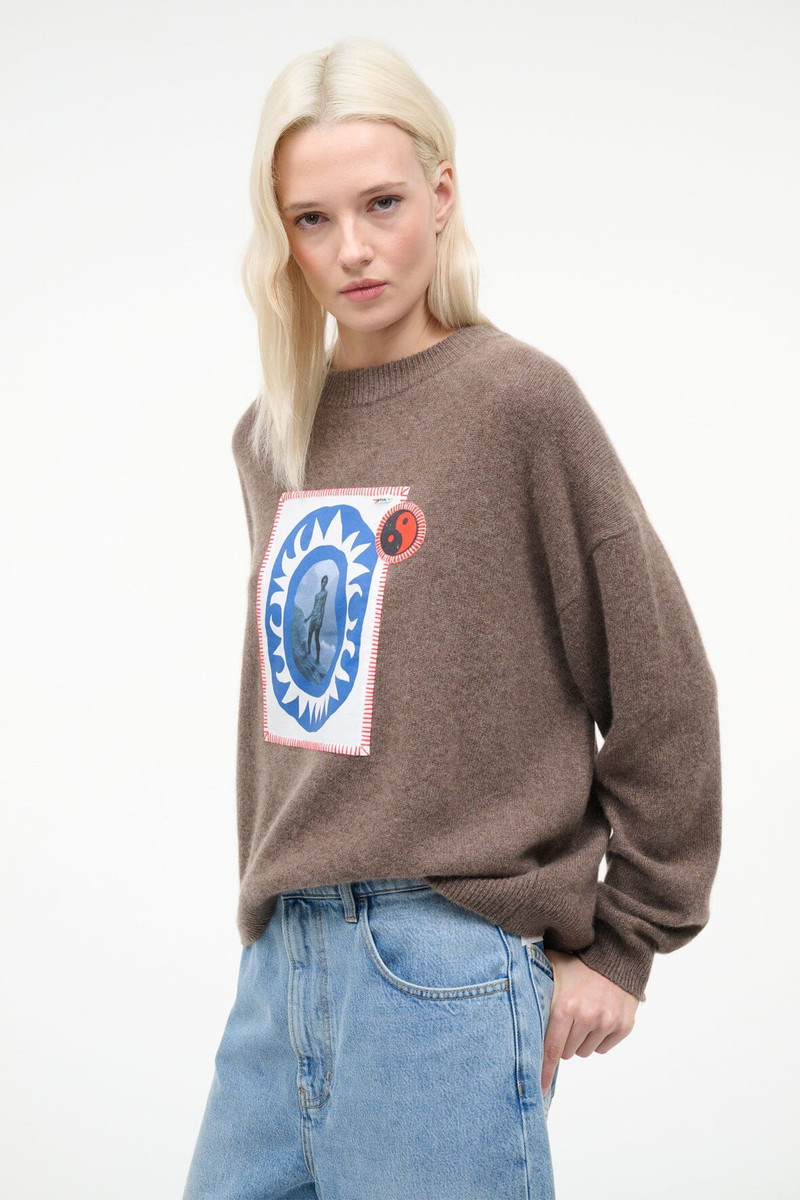 STAUD SERRANO CASHMERE RELAXED CREW TRUFFLE PATCHWORK 5