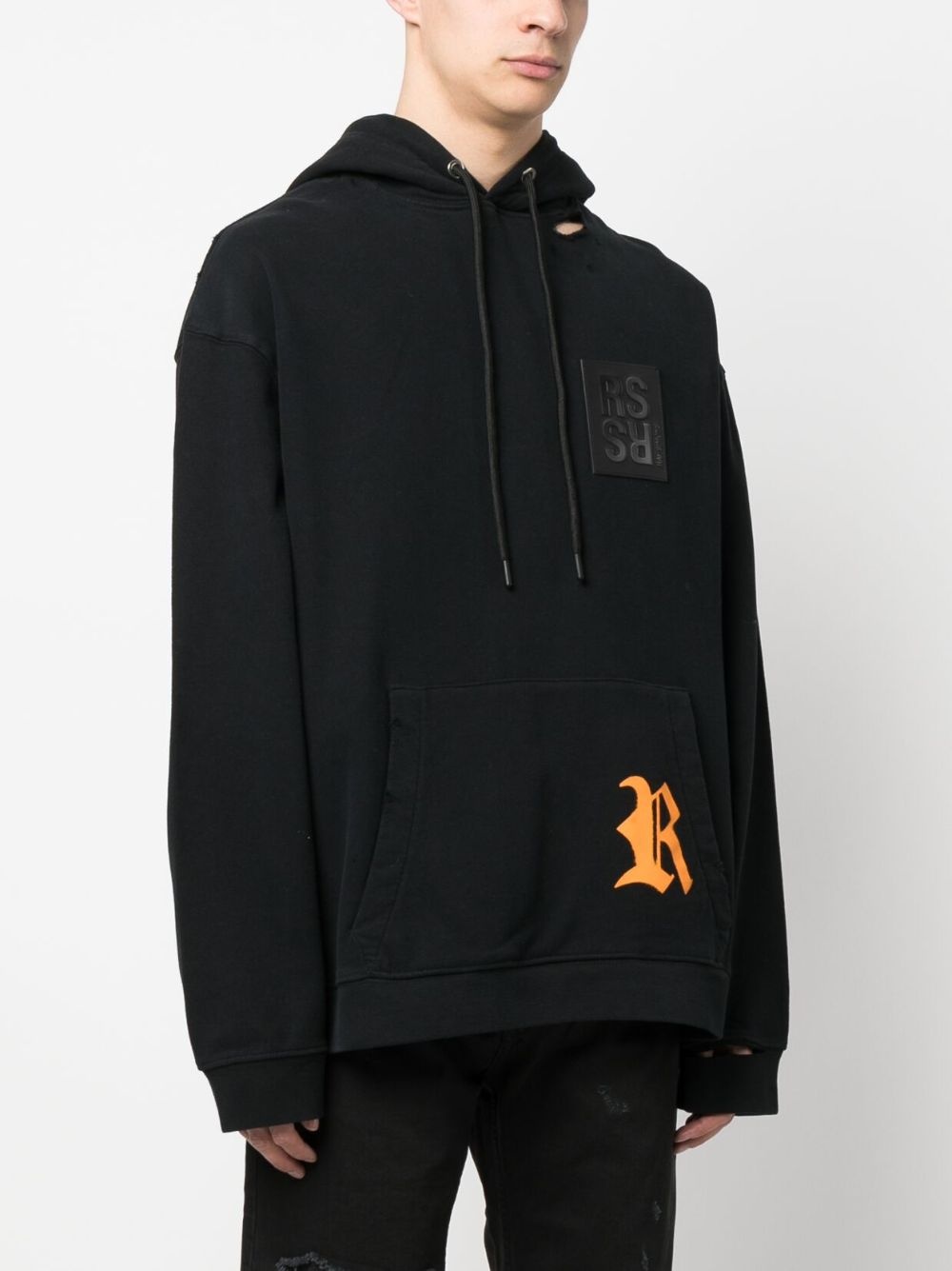 logo-patch distressed cotton hoodie - 3