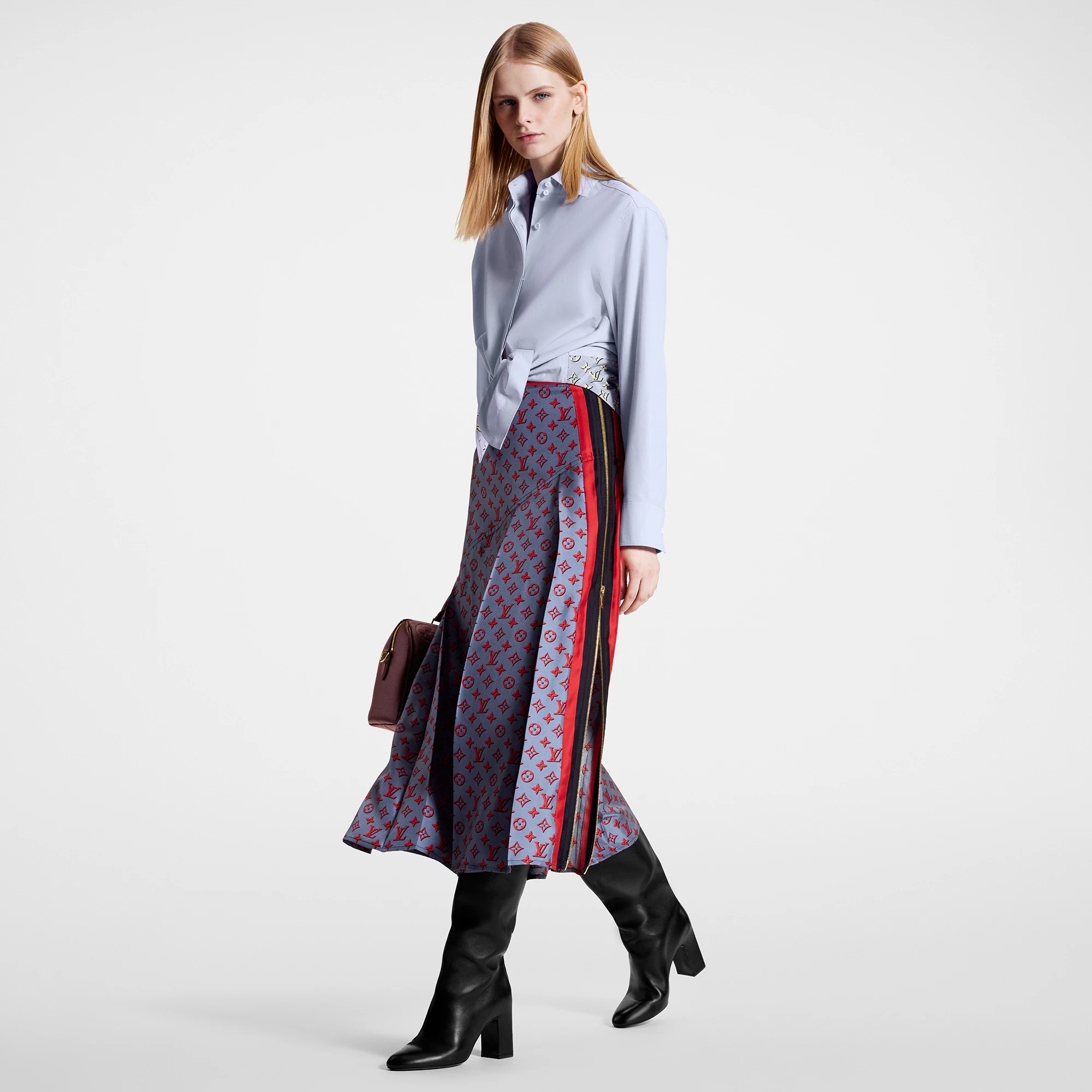 3D Monogram Asymmetrical Pleat Midi Skirt - 4