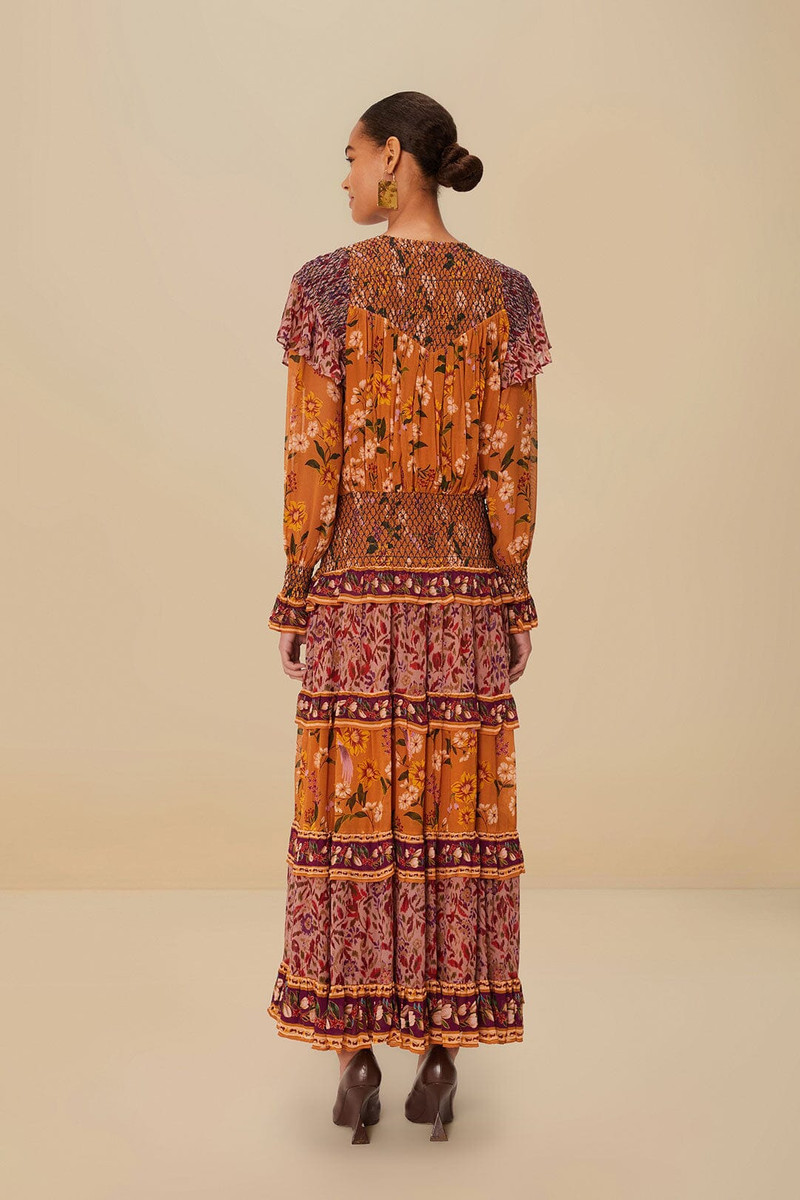 Colorful Birds Camel Smocking Long Sleeve Maxi Dress 7