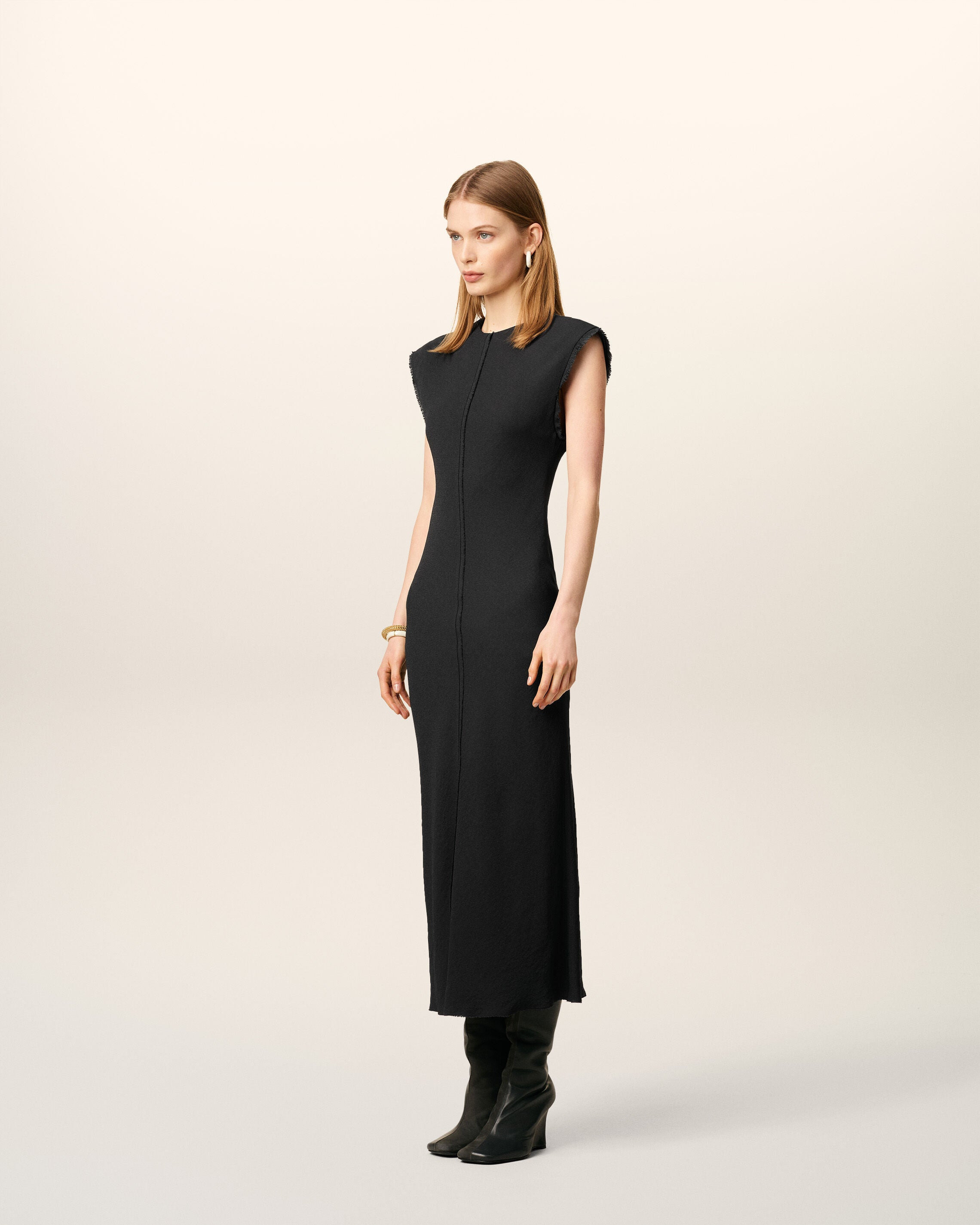 BLACK LONG  RAW EDGE DETAILS DRESS - 6