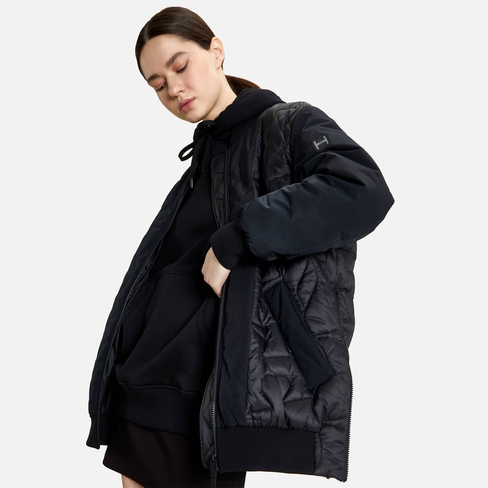 Long Quilted Bomber Jacket Black - 4