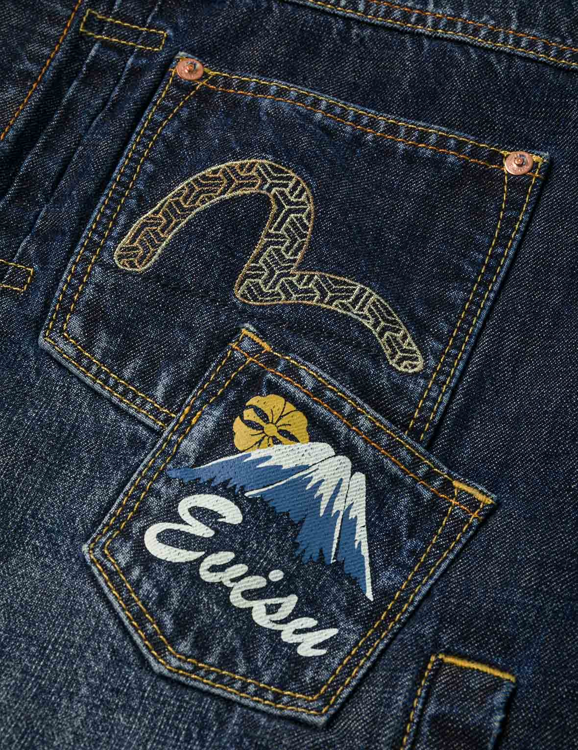 Washed Multi-Pocket with Lion Dance Print Relax Fit Denim Jacket - 8