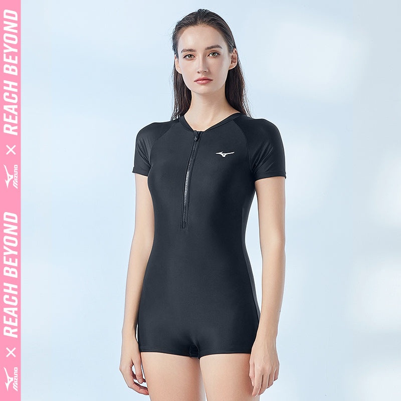 (WMNS) Mizuno Zip Up Short Sleeve Swimsuit 'Black' N2CA1347 - 3