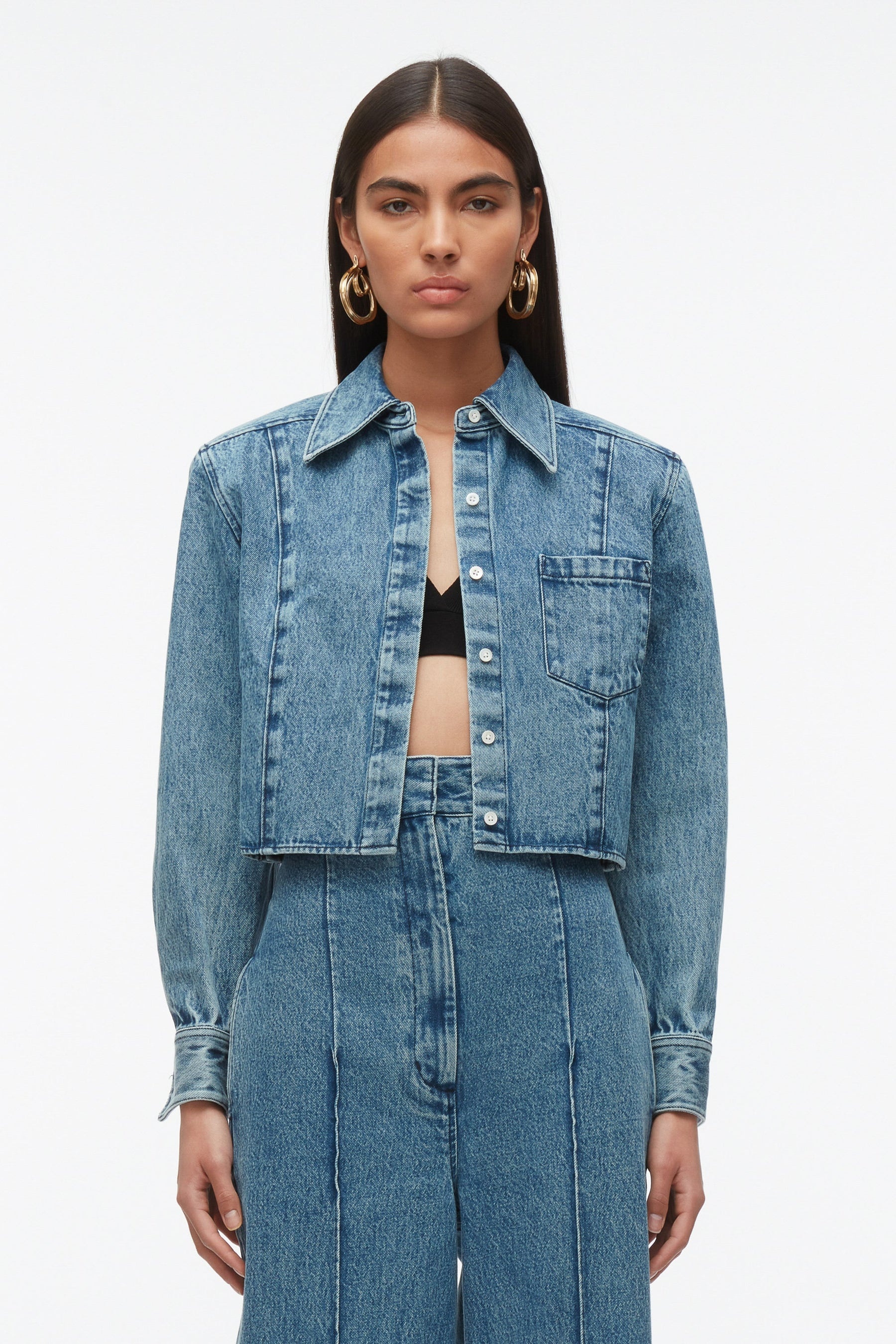 Denim Cropped Shirt with Shoulder Pads - 3
