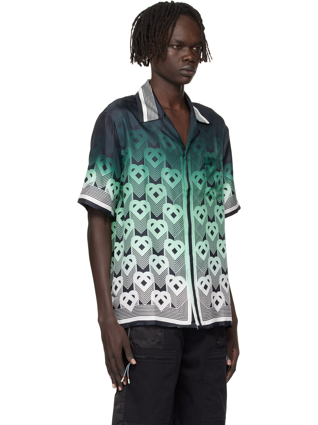 Green & Black Gradient Monogram Short Sleeve Silk Shirt - 2