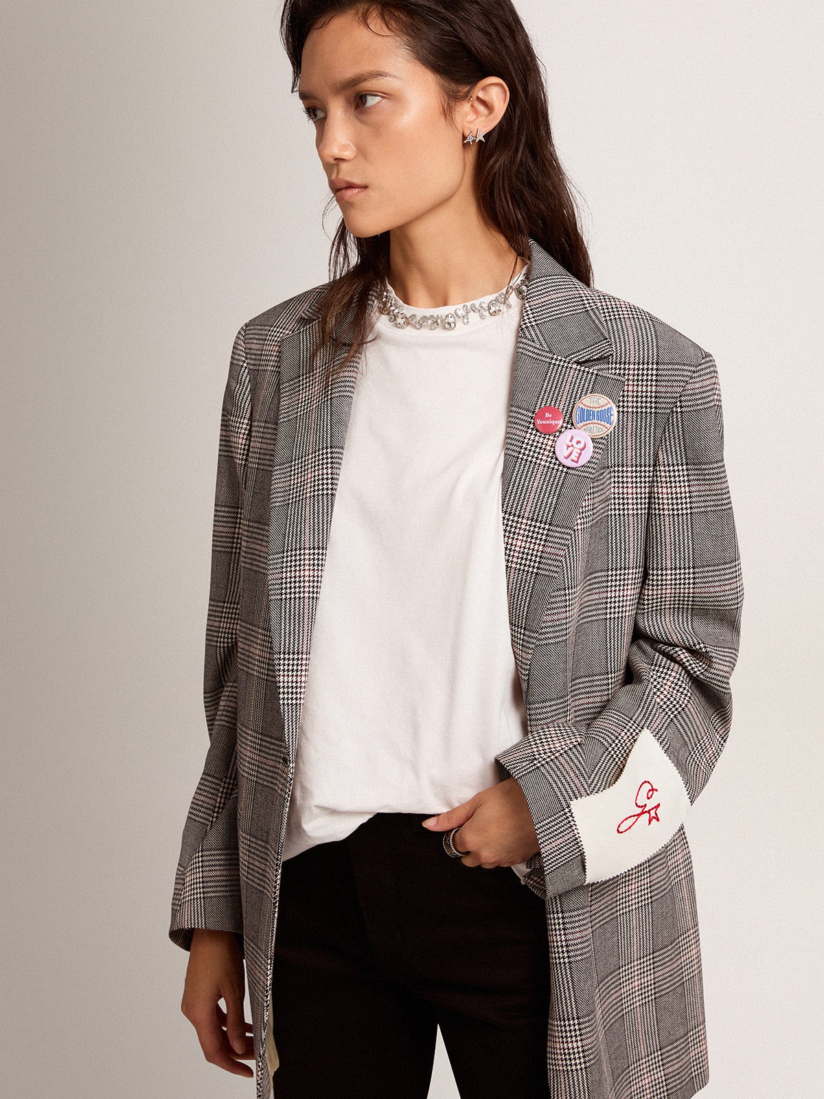 Women’s Golden Collection single-breasted blazer in gray and white Prince of Wales check - 2