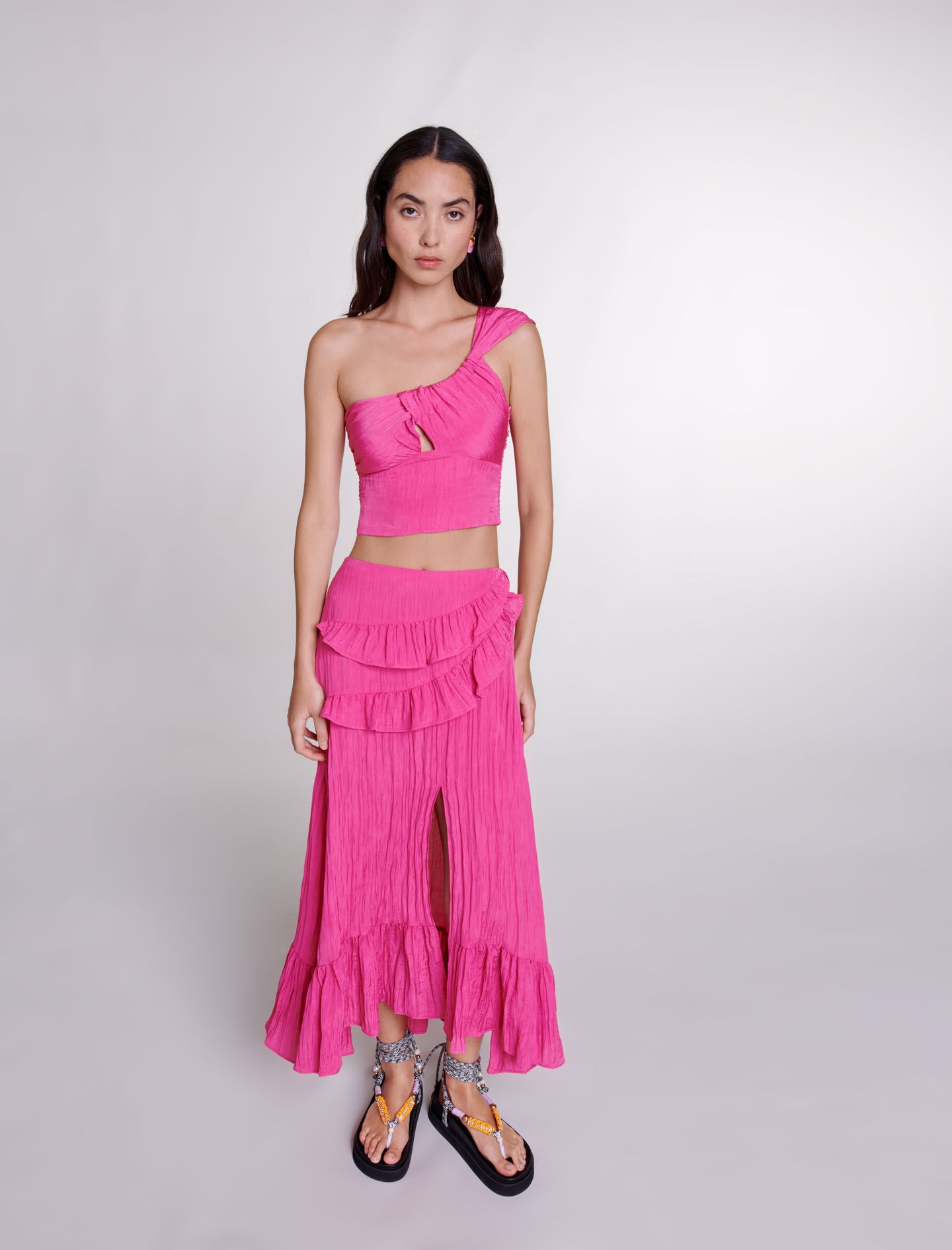 Long satin-effect crinkle skirt - 5