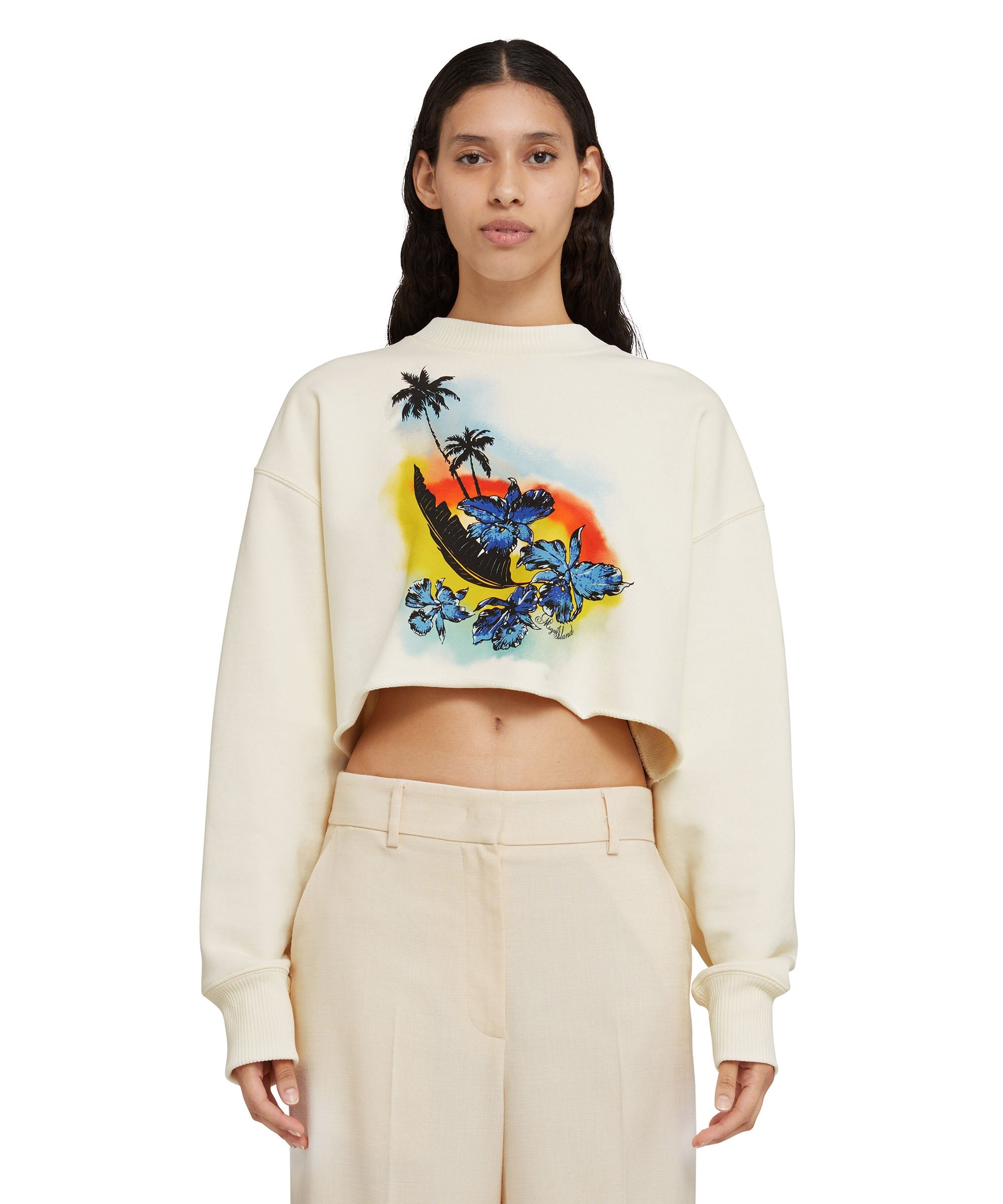 Solid color cotton crop crewneck sweatshirt with "MSGM Sunset" graphic - 1