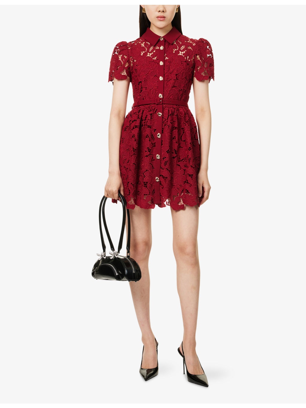 Embroidered Collared Lace Mini Dress - 2
