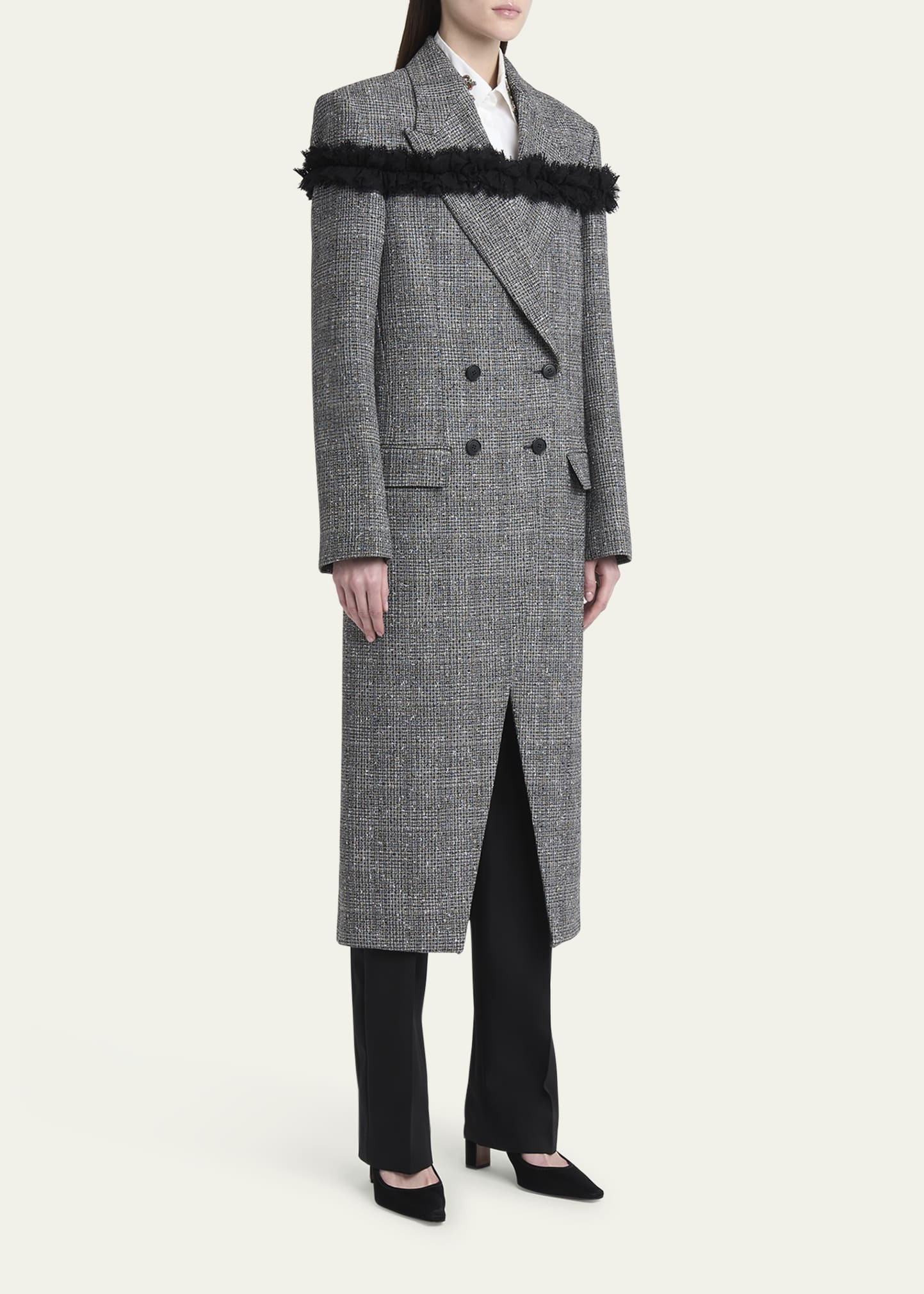 Ruffle Paillette Check Tweed Double-Breasted Long Coat - 4