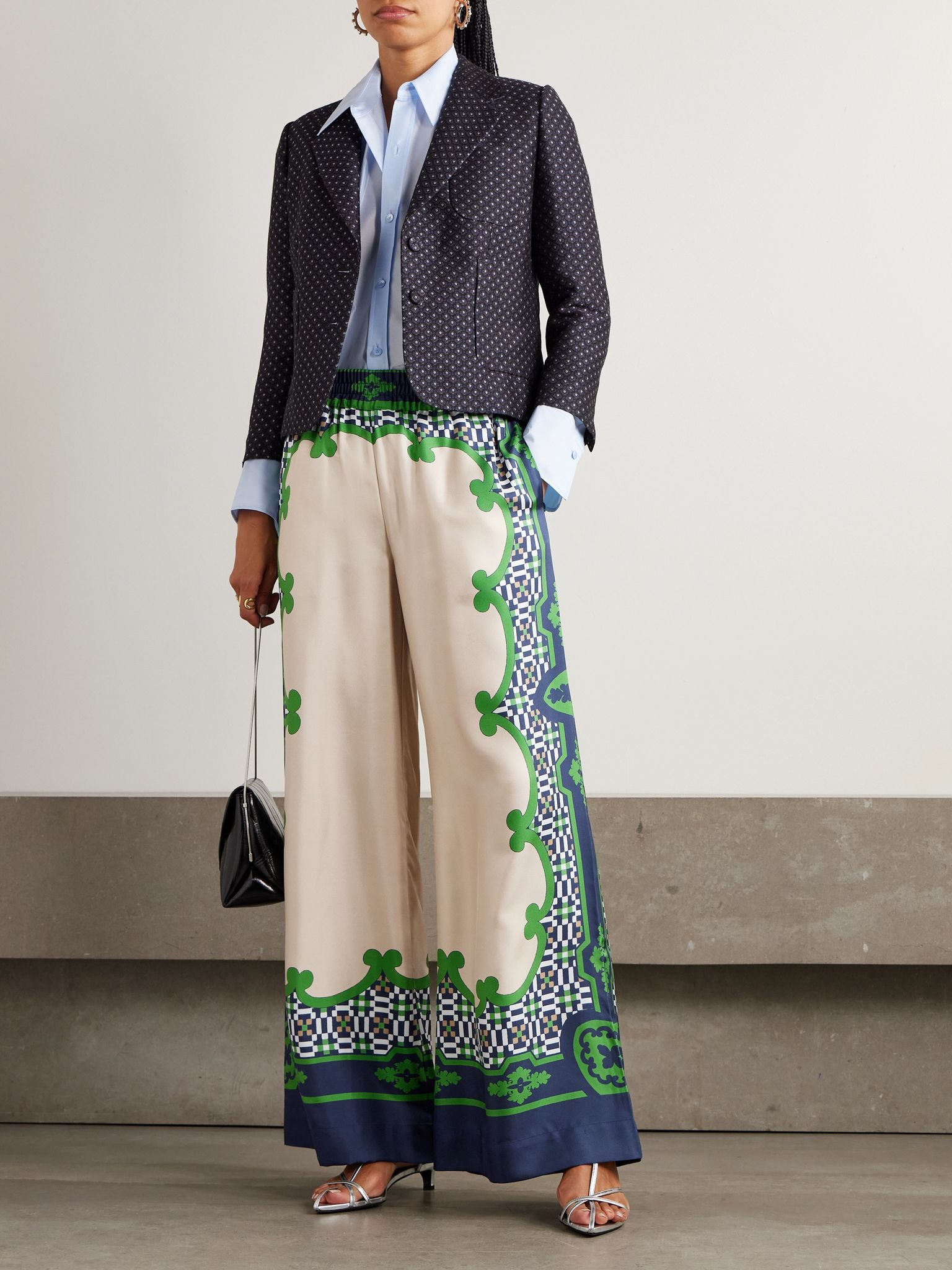Icon printed silk-twill wide-leg pants Cream - 2