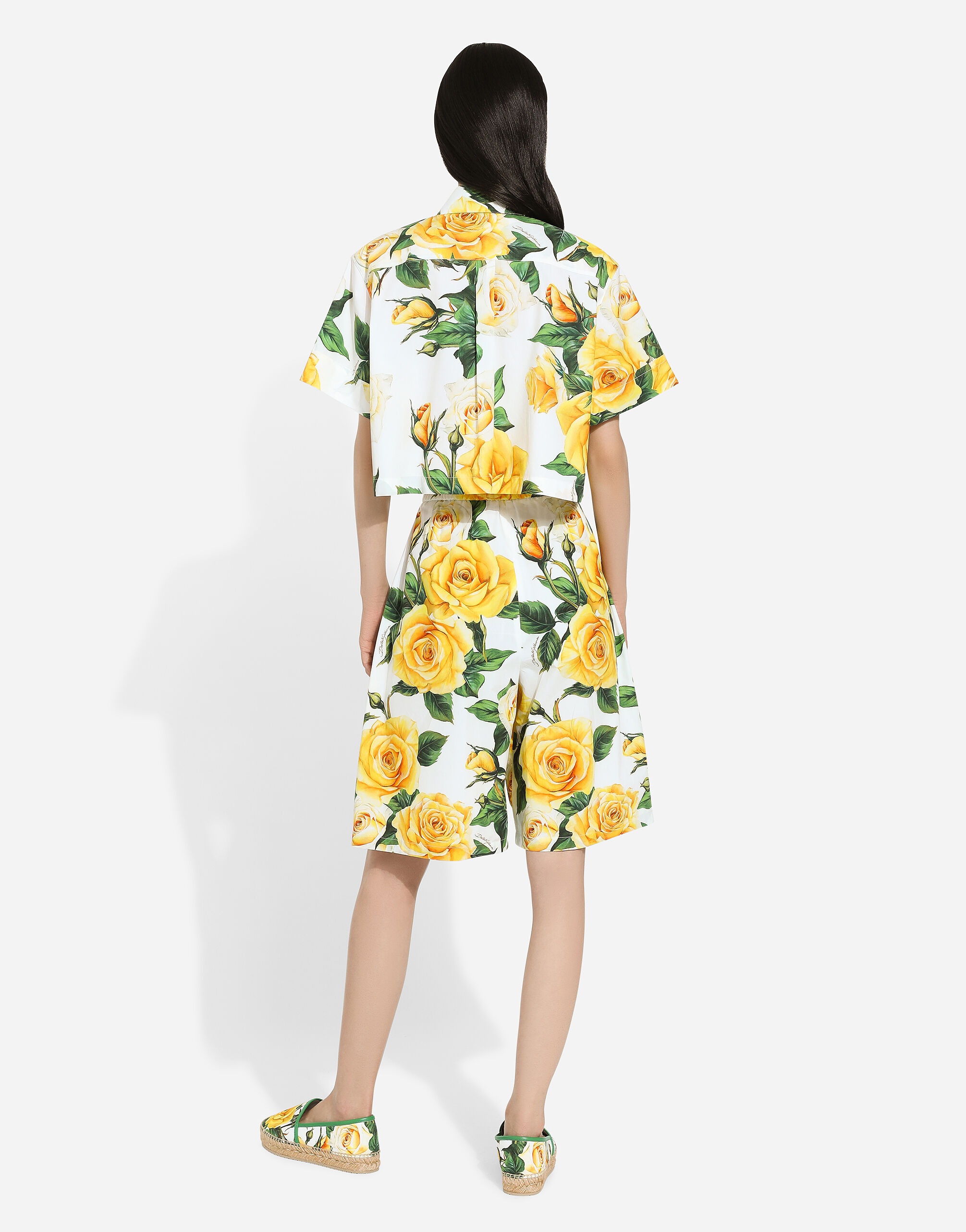 Short cotton shirt with yellow rose print - 3