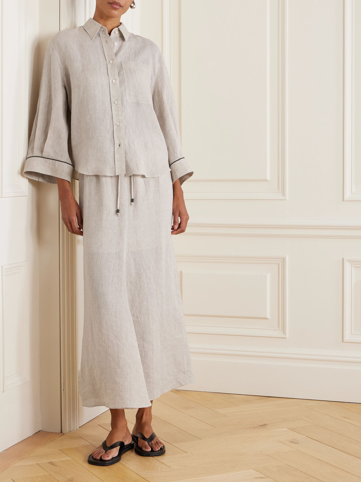 Bead-embellished linen midi skirt Beige - 2