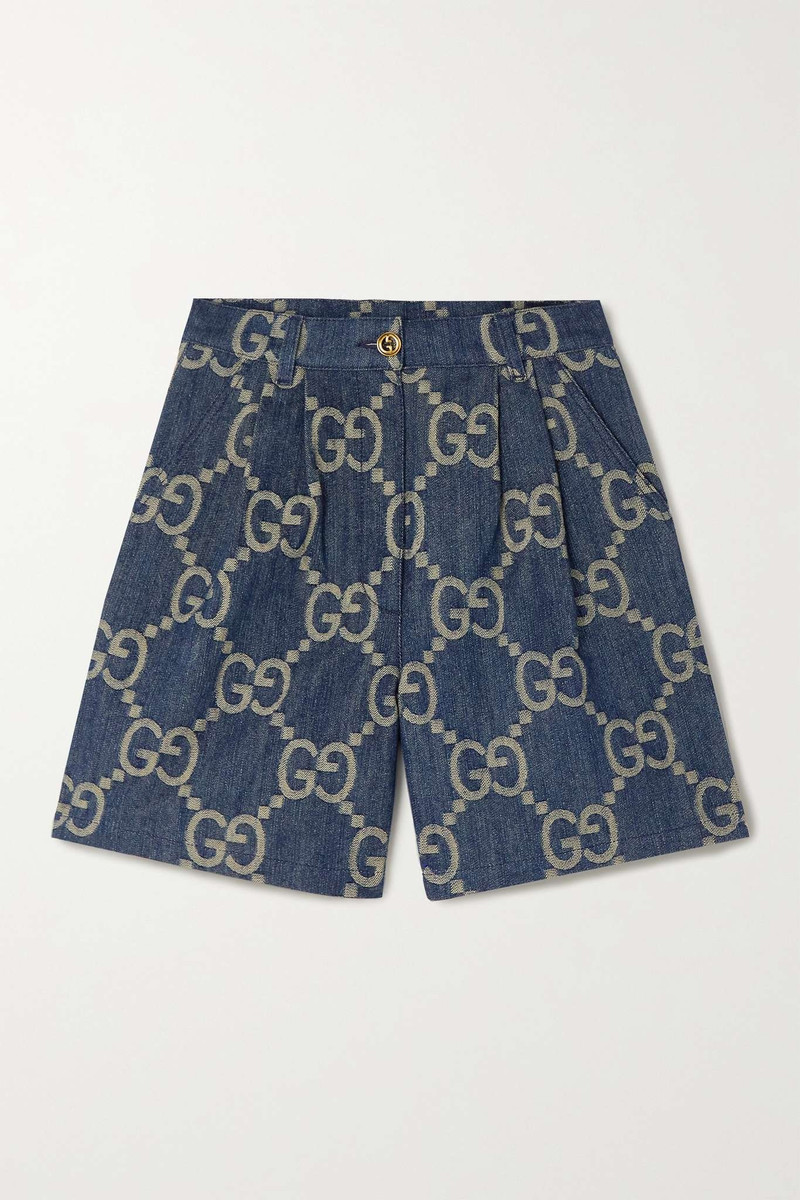 Jumbo GG leather-trimmed pleated denim-jacquard shorts - 1