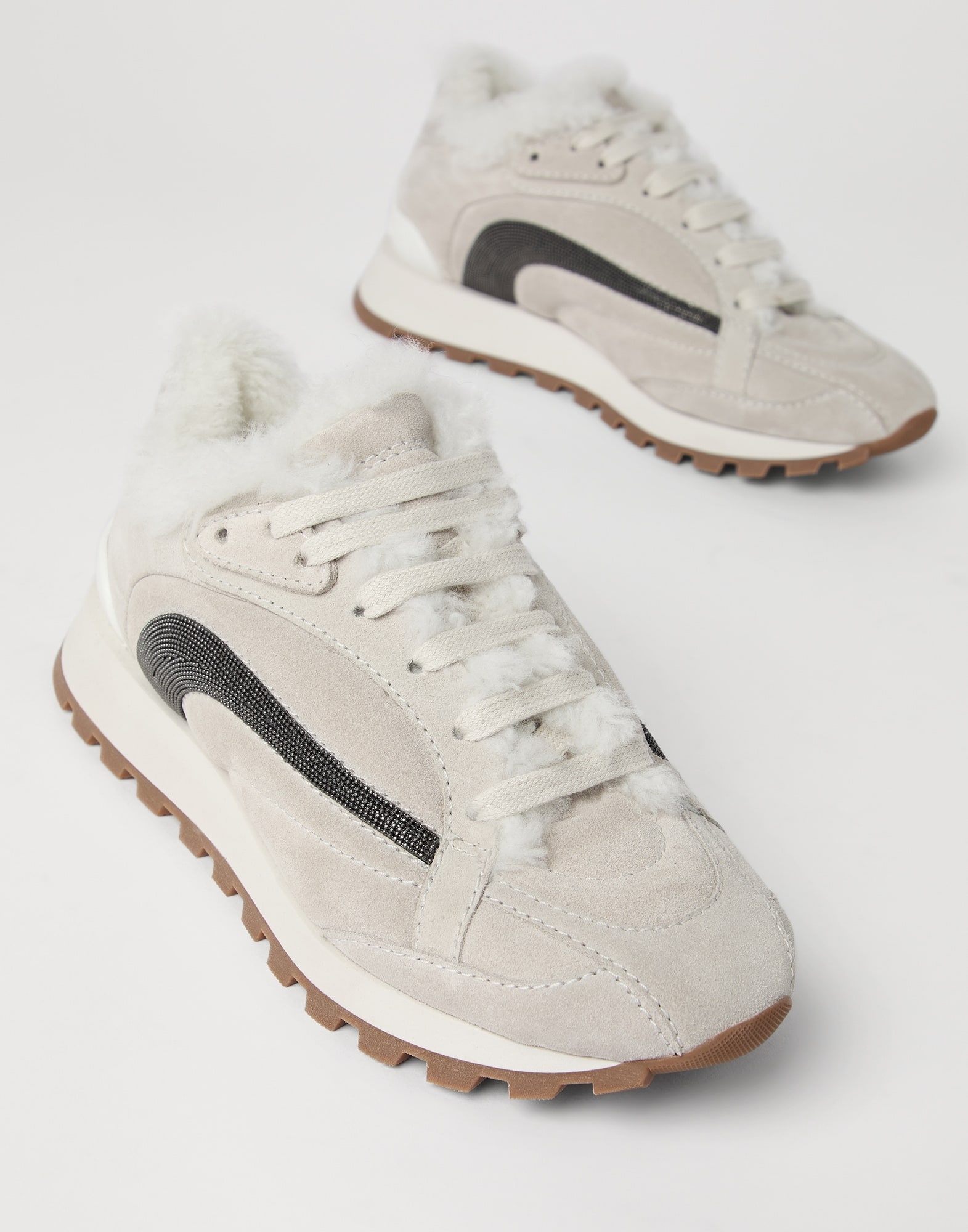 Suede runners with shearling lining and precious stripe - 3