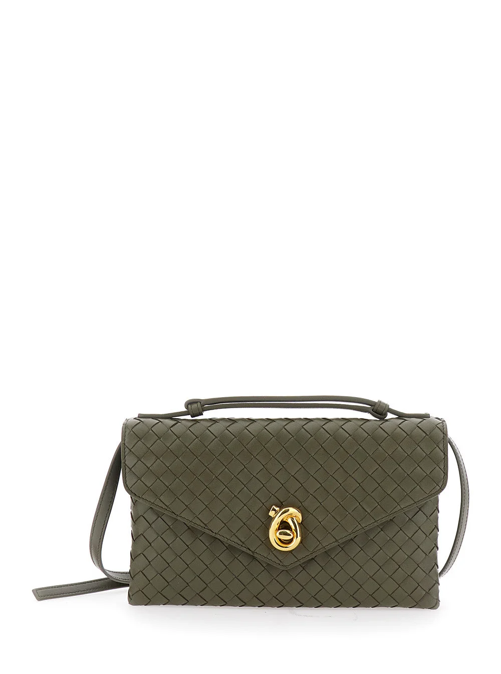 Bottega Veneta Women 'Knot Lock' Green Crossbody Bag With Intreccio Motif And Metal Knot Closure In - 1