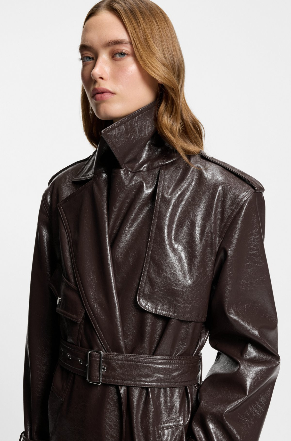 LONG-LENGTH RELAXED-FIT TRENCH COAT IN FAUX LEATHER - 5